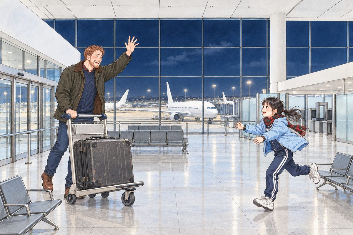 Evening in winter at the airport. Night outside the tall glass wall, white lights on the apron; the hall bright and even under white ceiling light. Through the arrivals sliding glass doors on the LEFT comes Papa, very tall and broad in his dark olive waxed jacket, pushing a trolley with one big battered suitcase on it; he grins and lifts one hand high. From the right, Xiaoyu in her sky-blue padded jacket and tartan scarf runs to him across the pale stone floor, her ponytail flying. Behind the low silver rail, a few far-off travellers as quiet grey shapes. The white ceiling above is the quiet area.