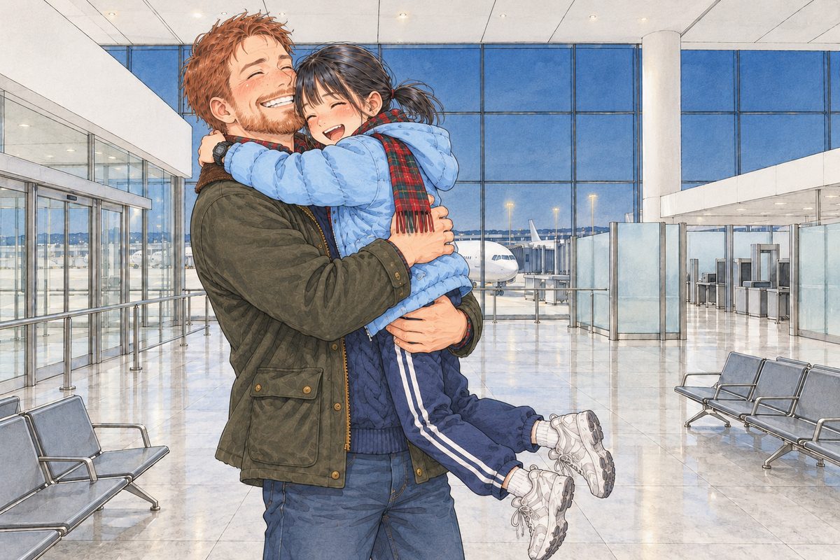 Evening, the airport hall, bright white light. Papa has caught Xiaoyu in a big hug and lifted her right off the floor, her trainers dangling, her face pressed laughing into his shoulder; his big hands across her back, his eyes shut, grinning into her hair. Two clear outlines, his and hers. The plain white wall behind is the quiet area.