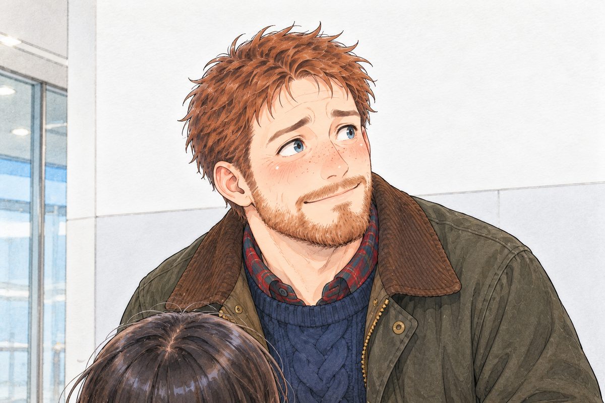 Evening, the airport hall, bright white light. Papa sets Xiaoyu down (only the top of her head at the bottom edge) and looks up and to the RIGHT, past her, at someone off panel; his grin goes careful and shy, eyebrows up. His face in the middle of the panel, NOT in the top quarter. Plain white wall behind.