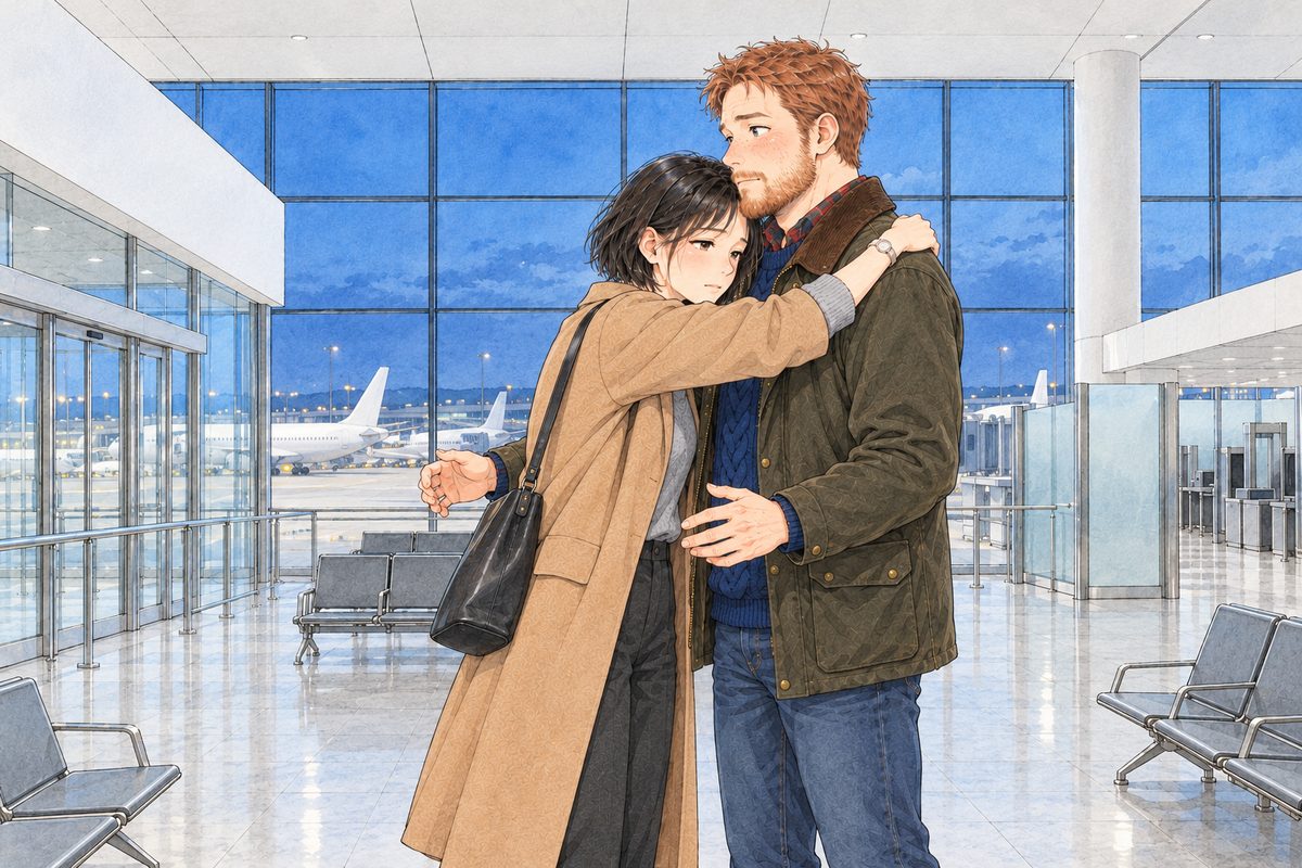 Evening, the airport hall, bright even light. Mama in her camel coat, her handbag on her shoulder, steps in and gives Papa a quick, stiff hug, one arm only, her face turned aside on his shoulder, tired and guarded; Papa's arms open a beat too late, his face uncertain. A gap of cold air between their bodies. The white wall and ceiling above them are the quiet area. Only these two.