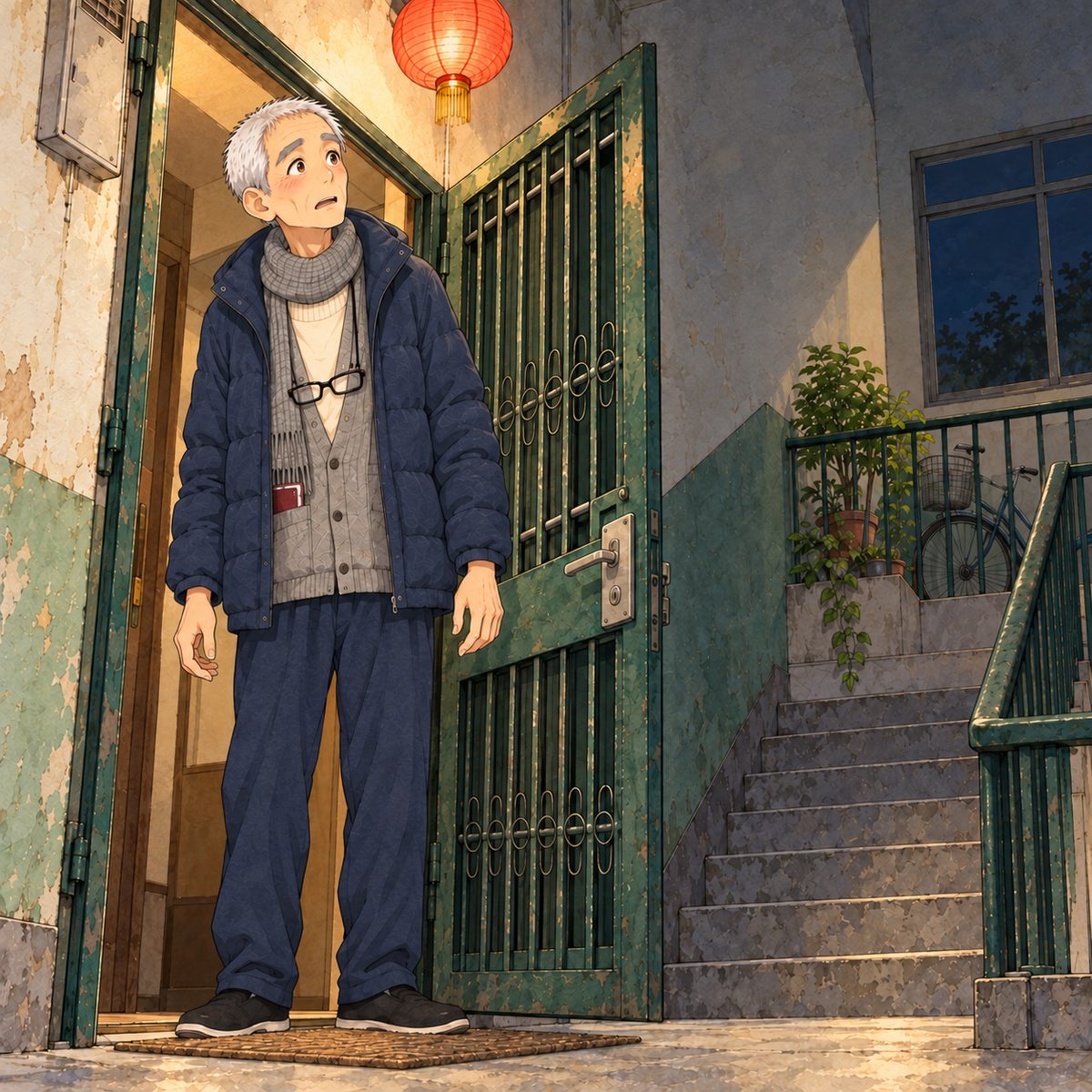 Night, the fourth-floor landing lit by the warm stair lamp. Grandpa has opened his front door, the dark green security gate swung back; he stands in the doorway in his navy padded coat over the grey cardigan, glasses on the cord at his chest, and looks UP, startled, his bushy eyebrows high, at someone much taller than him just off panel to the RIGHT. A red paper lantern hangs over his door. The dim hallway behind him is the quiet area.