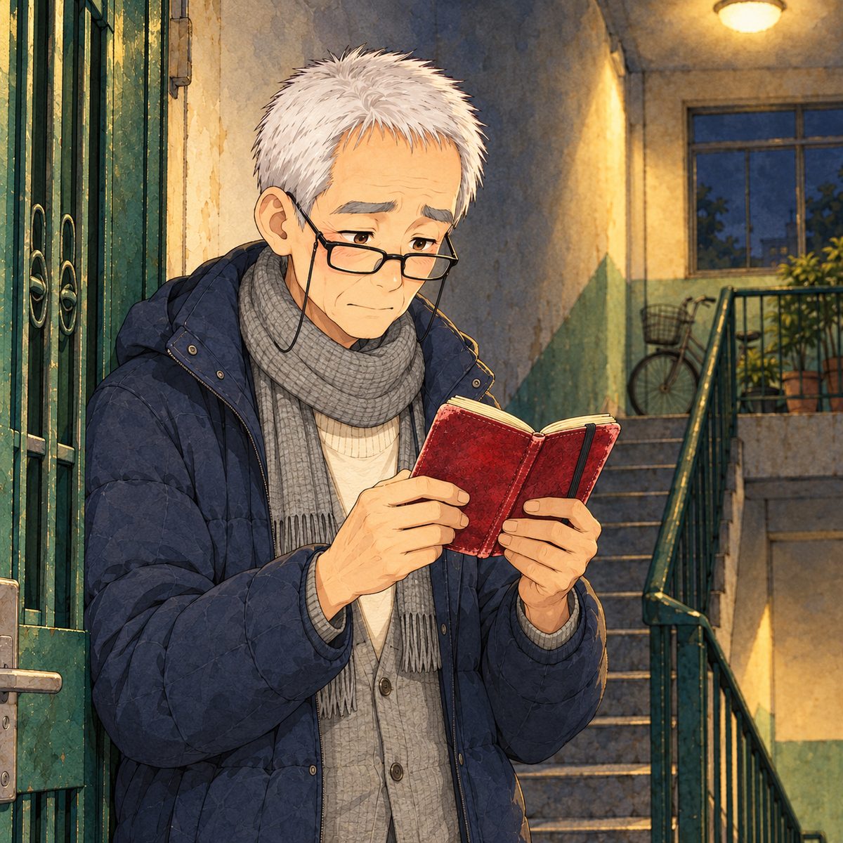 Night, the warm stair lamp. Grandpa takes the small dark red notebook out of his RIGHT cardigan pocket and peers into it, holding it close to his chest so the page faces HIM: we see only the worn red cover and the page edges, NOT the writing. His brows knit as he reads, then begin to lift. Glasses on his nose for reading. The dim hallway behind is the quiet area.