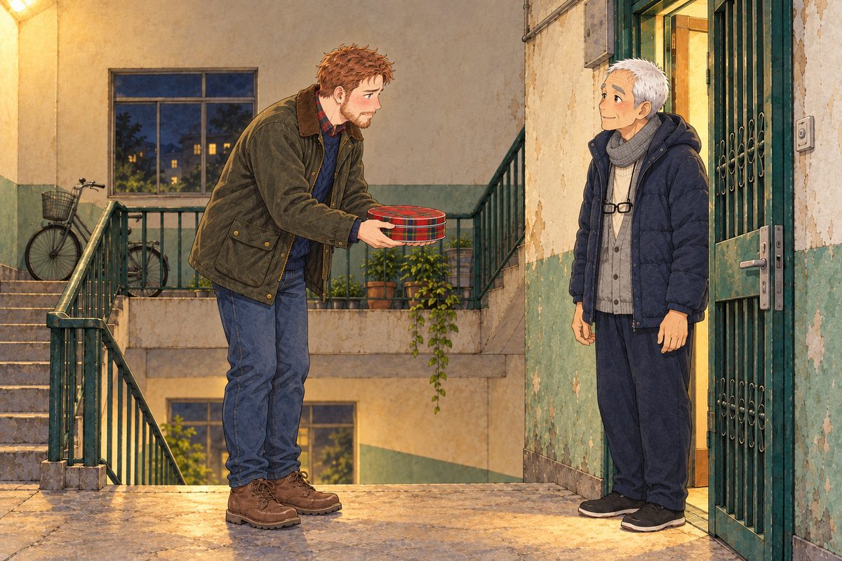 Night, the warm stair lamp. Papa, a little taller than Grandpa, stands on the landing in his olive waxed jacket and bows awkwardly from the waist, holding out one red tartan shortbread tin with BOTH big hands, the polite way he has been taught; his face red with effort, trying very hard. Grandpa in the doorway, glasses back on their cord, looks at the tin, then up at him, and his face starts to soften. Mama and Xiaoyu are off panel. The plain wall above them is the quiet area.
