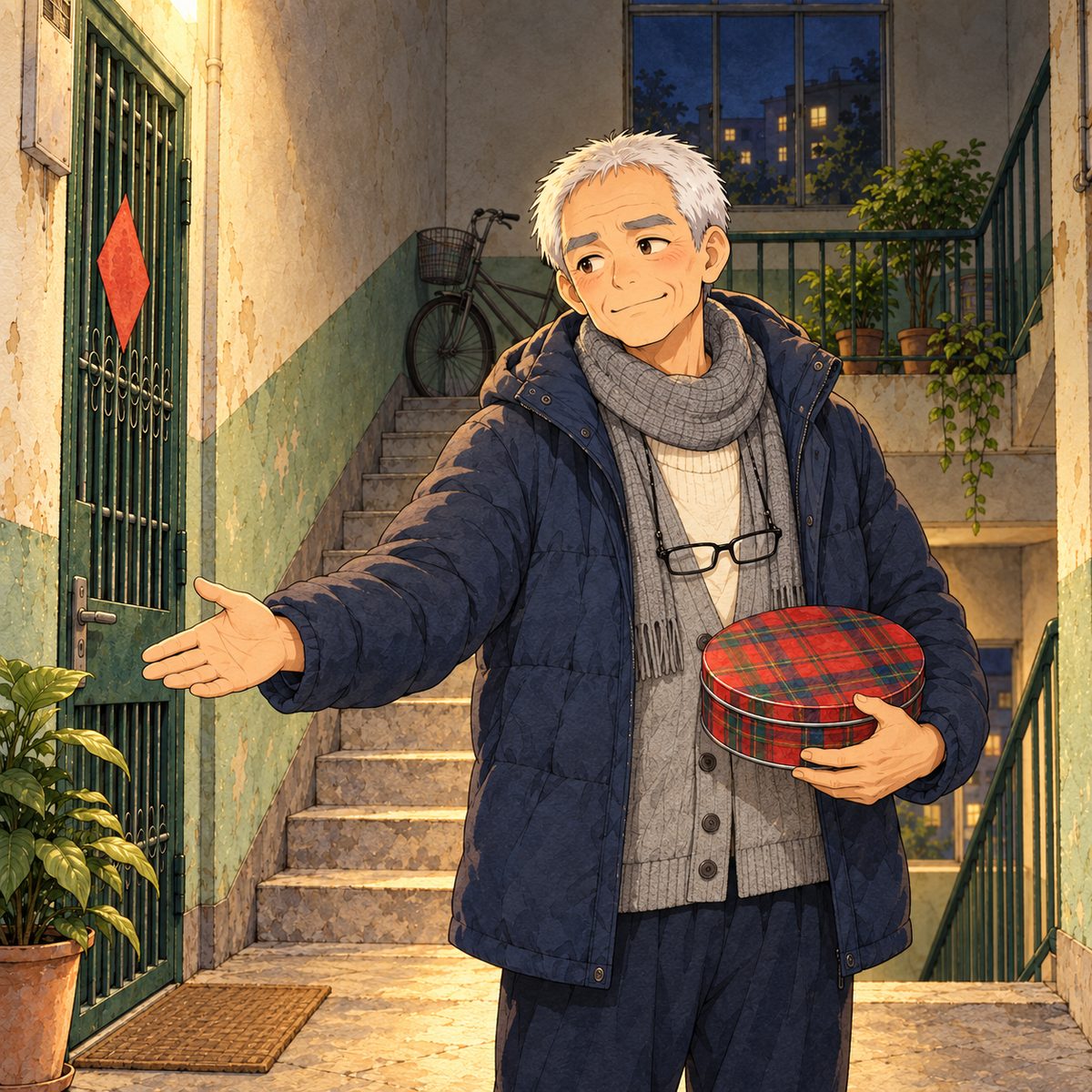Night, the warm stair lamp. Grandpa holds the tartan tin against his cardigan with one hand and waves the other big hand at the landing, ushering the visitor in, looking LEFT towards him, gruff and pleased at once. The dim hallway behind him is the quiet area.