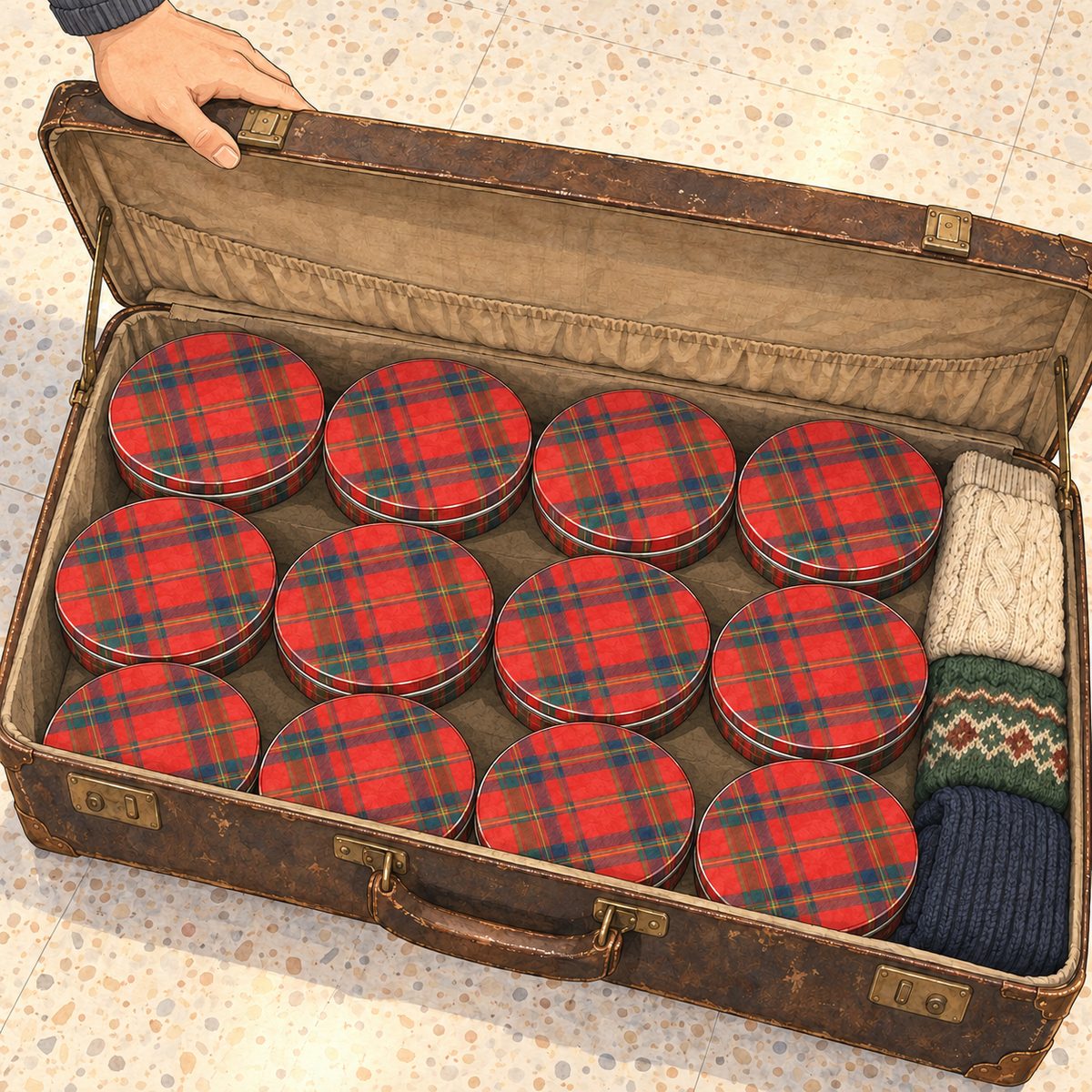 Night, the living room's ceiling lamp. A big battered suitcase lies open on the floor: inside, a neat stack of TWELVE round red tartan shortbread tins fills almost all of it, with three folded jumpers squeezed down one side. Papa's big hand rests on the lid edge at the top of the panel. The plain floor is the quiet area.