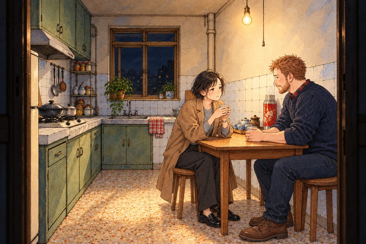 Late at night. The tiny kitchen is lit only by its bare bulb; we look in from the dark hallway, the doorframe black at both edges. Mama (left) and Papa (right) sit at the small square wooden table facing each other, two cups of tea between them, talking low. Mama in her grey jumper with her coat round her shoulders, hands round her cup; Papa's big forearms on the table, sleeves pushed up. The wall tiles above them are the quiet area.
