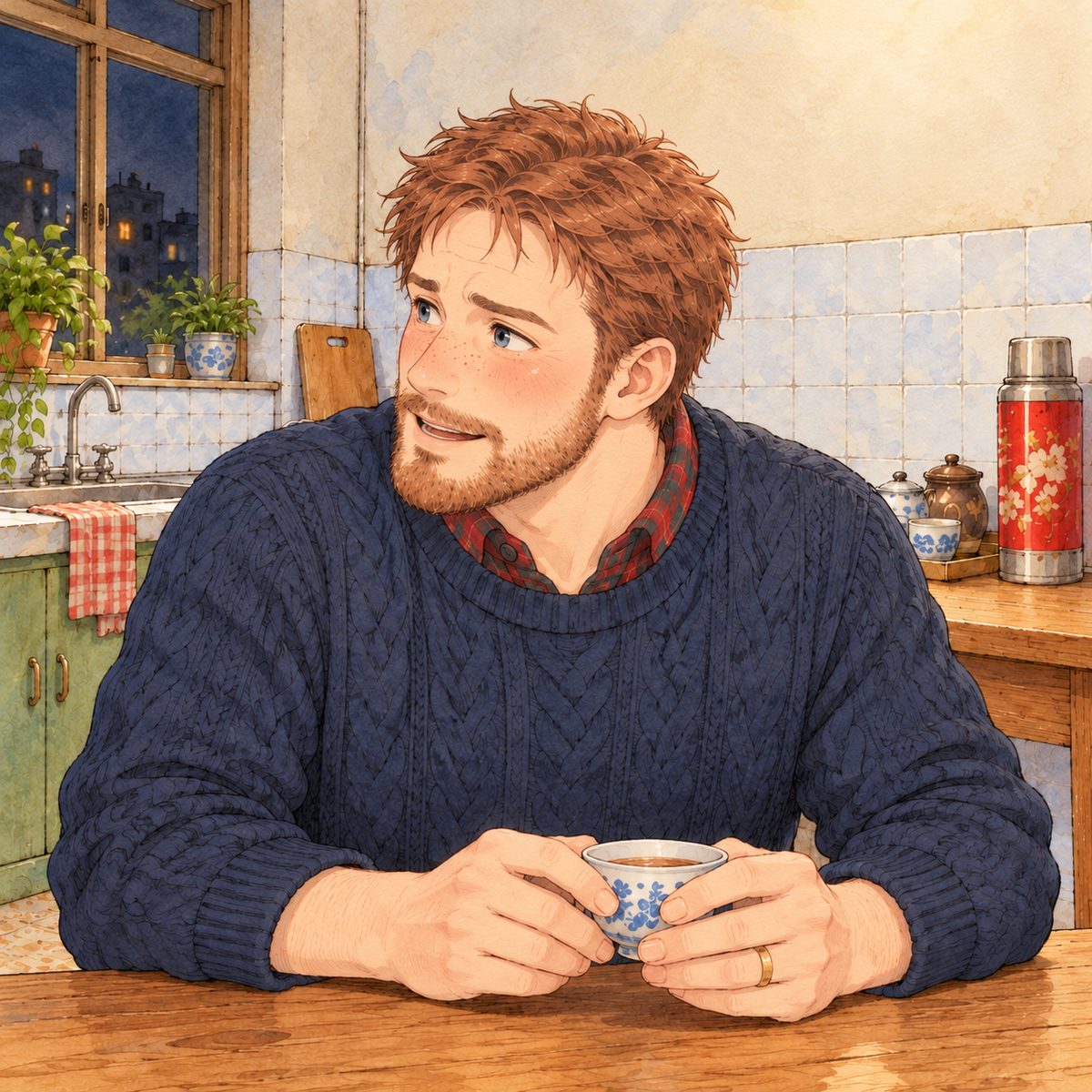 Late at night under the bare bulb. Papa turns his tea cup slowly in his big hands and looks LEFT at Mama, earnest and hopeful. His face in the middle of the panel, NOT in the top quarter. The plain tiled wall behind is the quiet area.