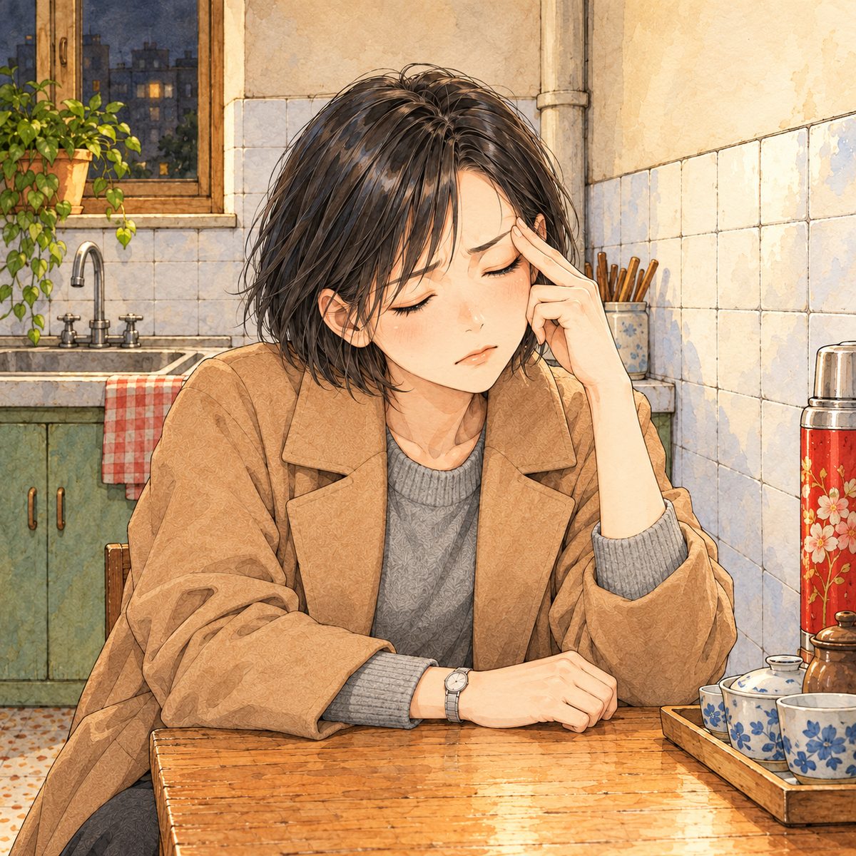 Late at night under the bare bulb. Mama rubs her forehead with two fingers, eyes shut a moment, tired to the bone, then looks RIGHT at Papa. Her face in the middle of the panel, NOT in the top quarter. Plain tiled wall behind.