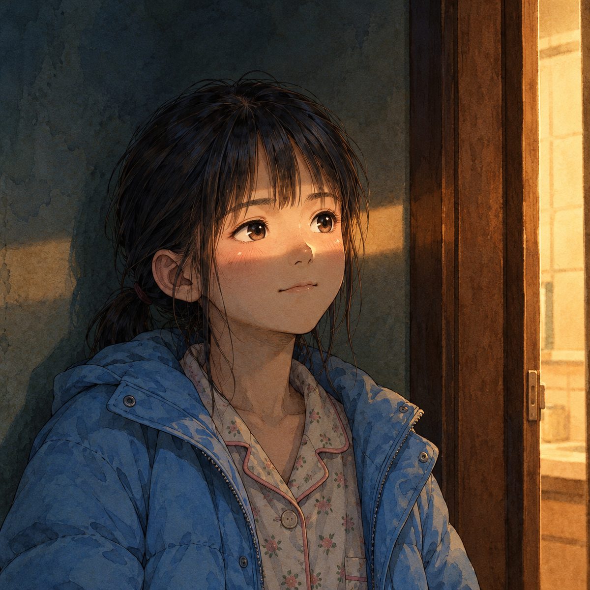 Late at night. Xiaoyu stands in the dark by the kitchen doorway in pyjamas with her sky-blue padded jacket over them, her back to the wall; a narrow strip of warm light from the kitchen falls across her eyes. Her face lights up slowly with a secret, hopeful thought, lips pressed together. Dark wall above her is the quiet area.
