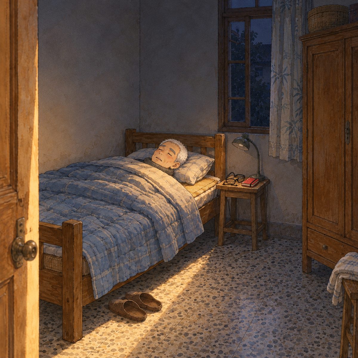 Late at night. Grandpa's small bedroom is dark; a thin strip of light from the half-open door falls across the narrow bed. Grandpa sleeps on his back under a thick winter quilt, his face peaceful, his mouth a little open. His red notebook lies closed on the bedside stool beside his glasses. The dark wall above the bed is the quiet area.