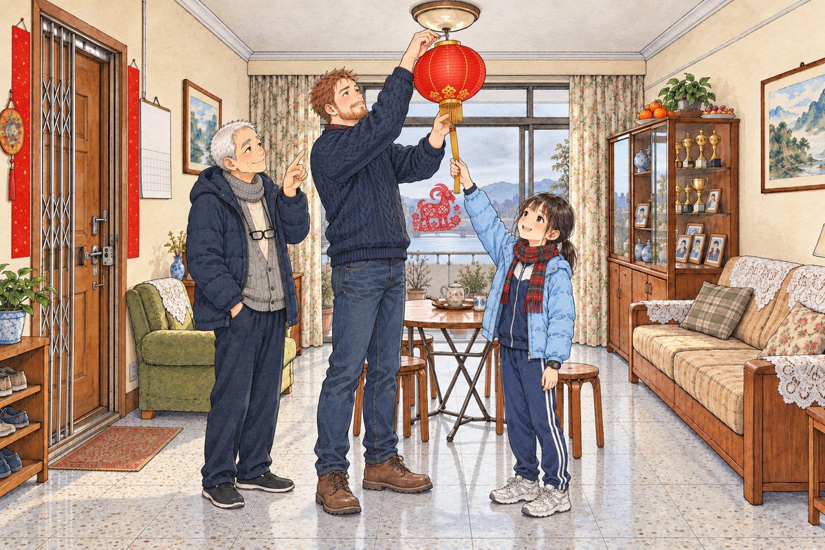 The next morning, grey daylight from the balcony doors. Papa, in his navy jumper, stands flat-footed with NO stool and hangs the round red paper lantern on the ceiling lamp with one long arm. Grandpa (left) stands below pointing up with one finger, telling him where, half impressed. Xiaoyu (right) holds the gold tassel steady, grinning. The plain pale ceiling around the lamp is the quiet area.