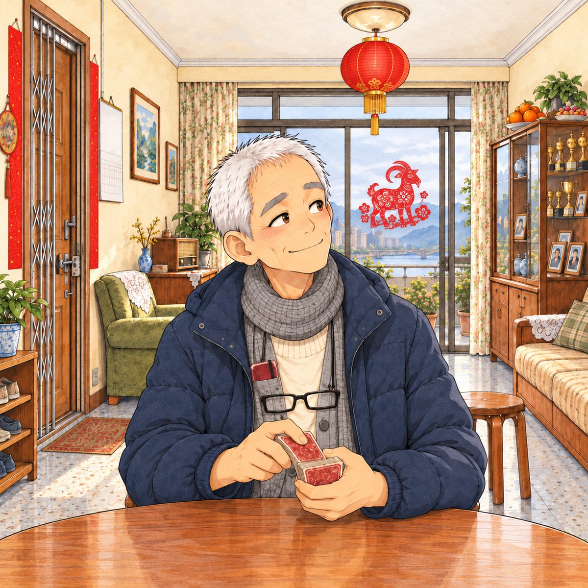 Afternoon, grey daylight and the red lantern above. Grandpa sits at the round table and shuffles the worn red-backed deck with quick, practised hands, one neat stack, and looks up and RIGHT with a sly gleam. Glasses on the cord at his chest. The plain wall above is the quiet area.