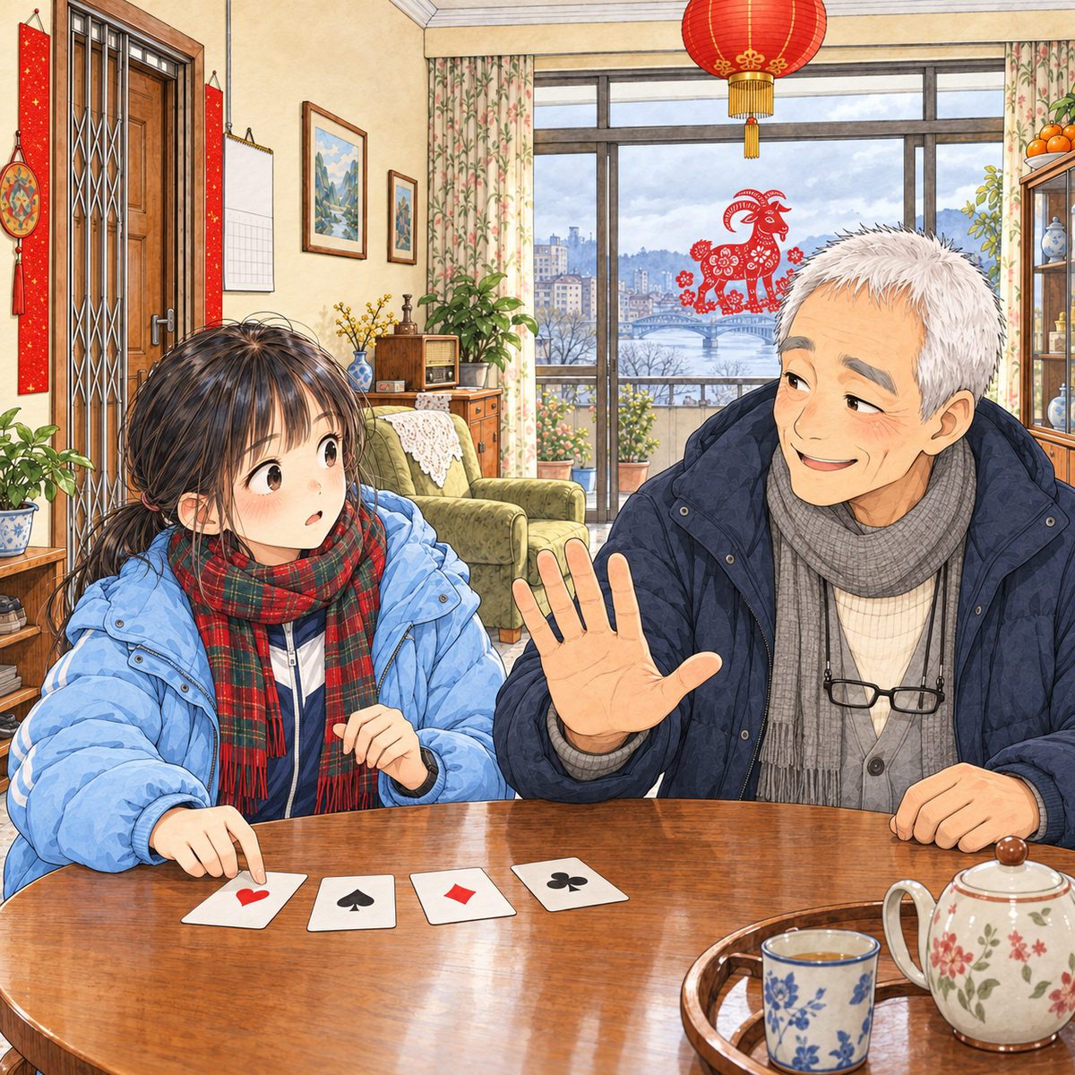 Afternoon, grey daylight. Xiaoyu has started to lay out four cards face up to explain the rules; Grandpa raises one big flat hand like a stop sign over the cards, firm and smiling, looking LEFT at her. Xiaoyu stops, surprised. Card faces show one suit mark each, no numbers. The wall above is the quiet area.