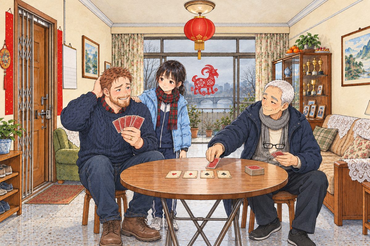 Afternoon, grey daylight and the red lantern above. Papa sits on a small stool, his knees comically high, five cards in a tiny fan in his huge hand (faces to him, red backs to us), with a lost but game grin. Grandpa, dealing the last card, looks across at him like a village schoolmaster. Xiaoyu stands at the back between them translating, one hand on Papa's shoulder. The plain wall above them is the quiet area.