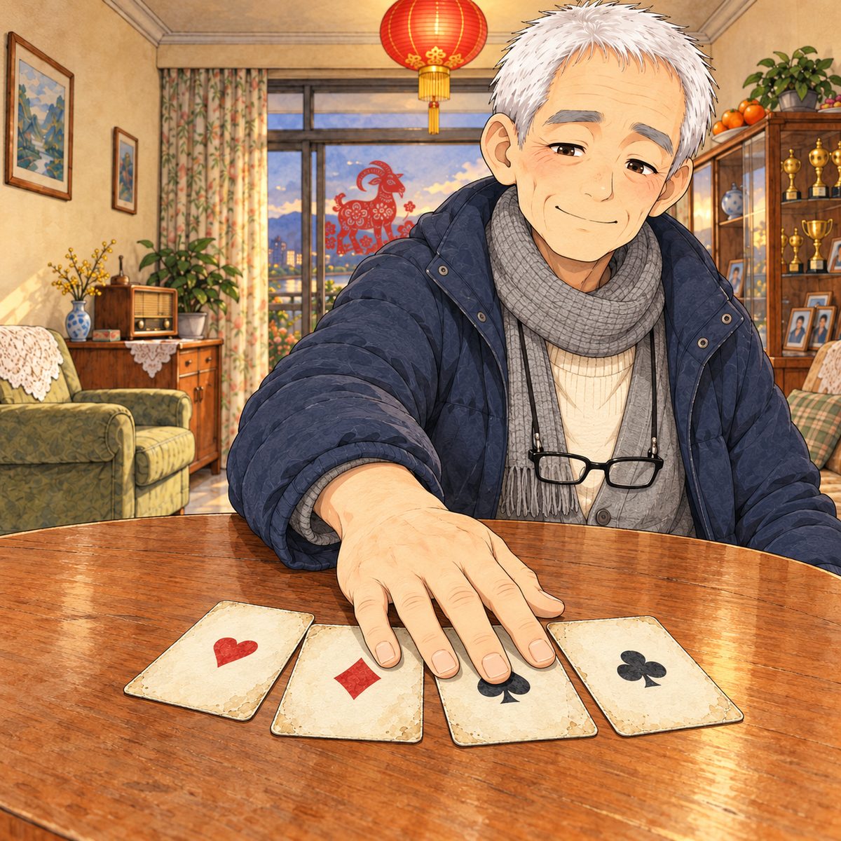 Late afternoon, lamp on, red lantern light. Grandpa's big hand sweeps four face-up cards across the table towards himself; his face above, at the top right, is calm and pleased. The table and cards are the clearest things. Plain dim wall above.