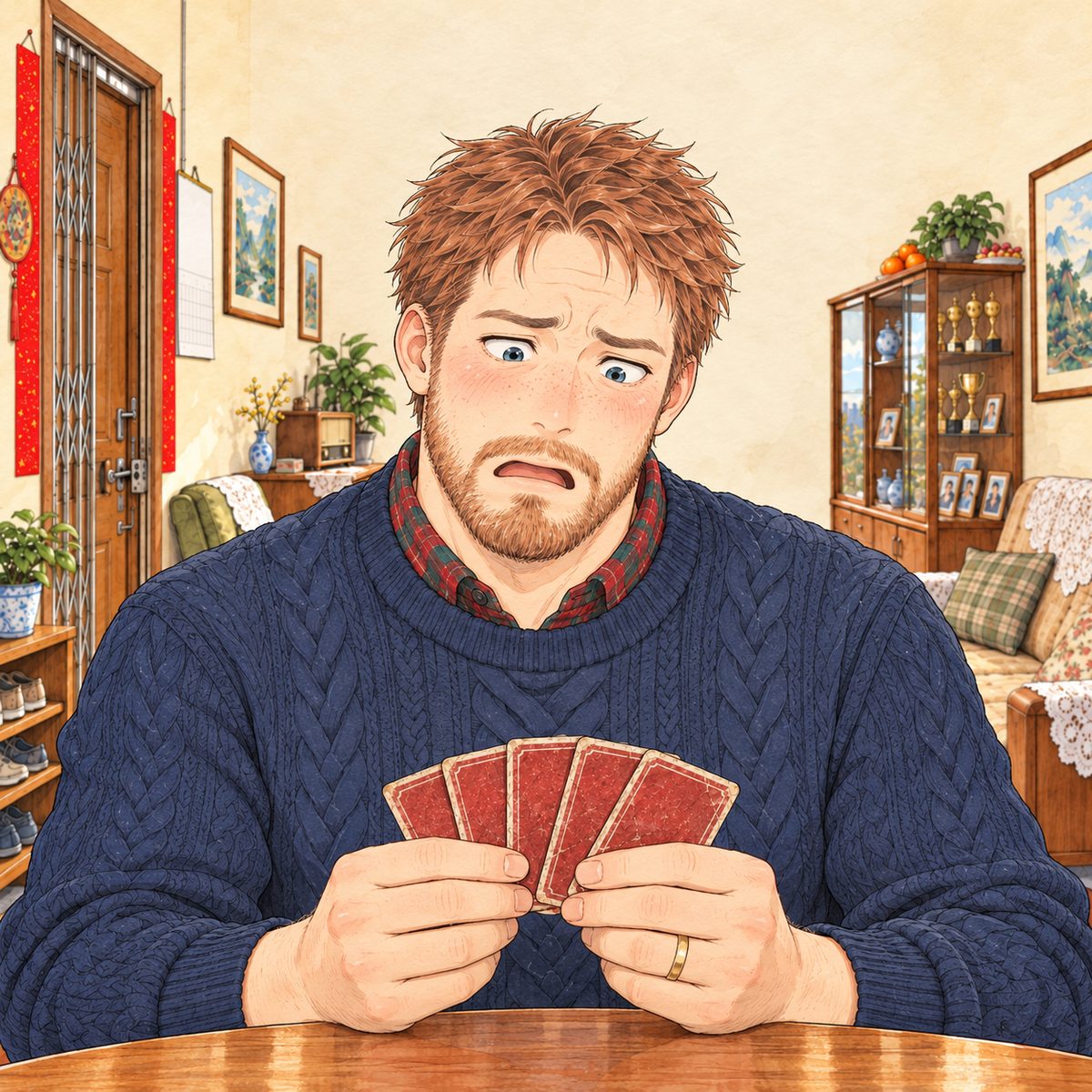 Late afternoon, lamp light. Papa stares at the table where the trick has gone, his empty-ish hand of cards lowered, his mouth open, utterly lost. His face in the middle of the panel, NOT in the top quarter. Plain wall behind.