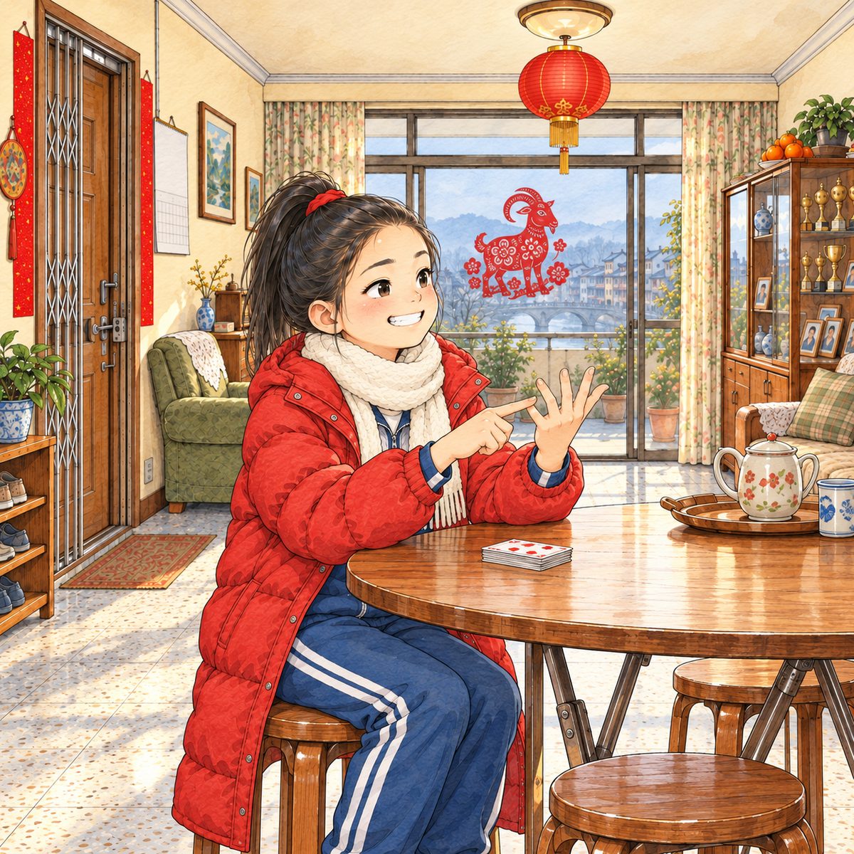Late afternoon, lamp light. Lili, in her long red padded coat, sits on a stool at the end of the table and counts the cards in Grandpa's pile on her fingers, delighted, looking RIGHT towards Papa off panel. Plain wall above her.