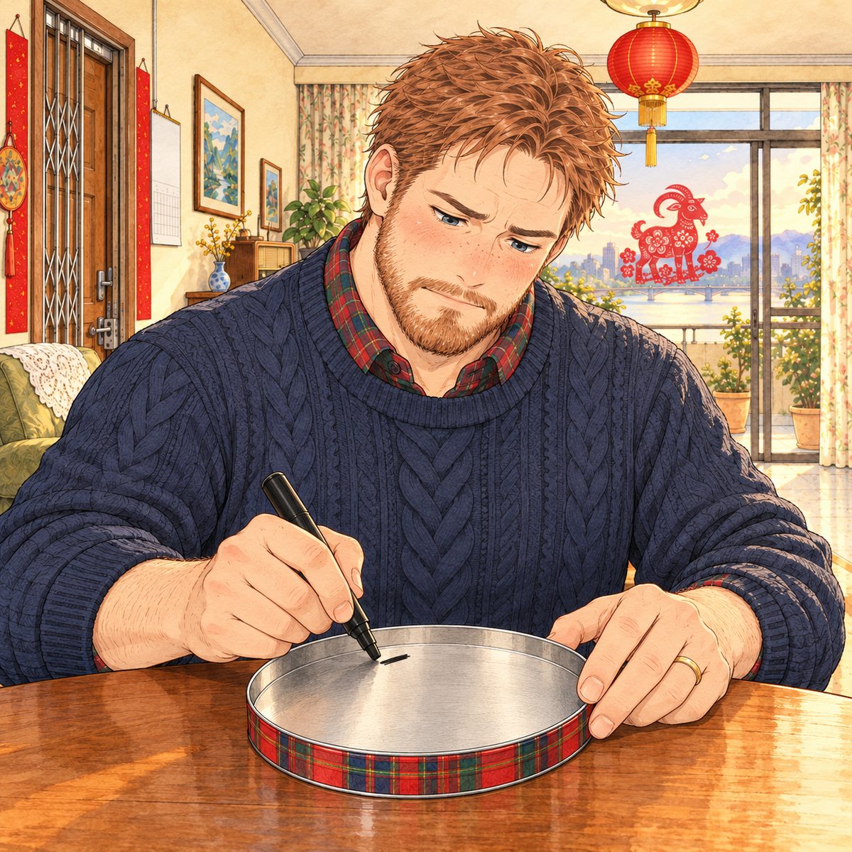 Late afternoon, lamp light. Papa has turned a shortbread tin lid upside down on the table: its plain silver inside faces up and towards him. He writes one short black mark at the top of it with a fat marker, his face set, half rueful, half determined. The lid is the clearest thing. Plain wall above.
