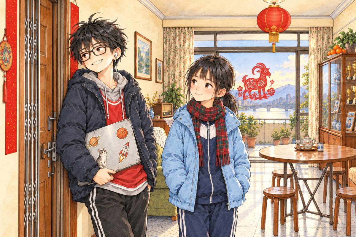 Late afternoon, lamp light, the blank red strips beside the front door. Haoran in his winter jacket leans on the door frame with his sticker-covered silver laptop under his arm, his single wired earbud in his LEFT ear (on the viewer's right), grinning at the card table off panel to the LEFT. Xiaoyu beside him looks at him, half amused. The wall above them is the quiet area.
