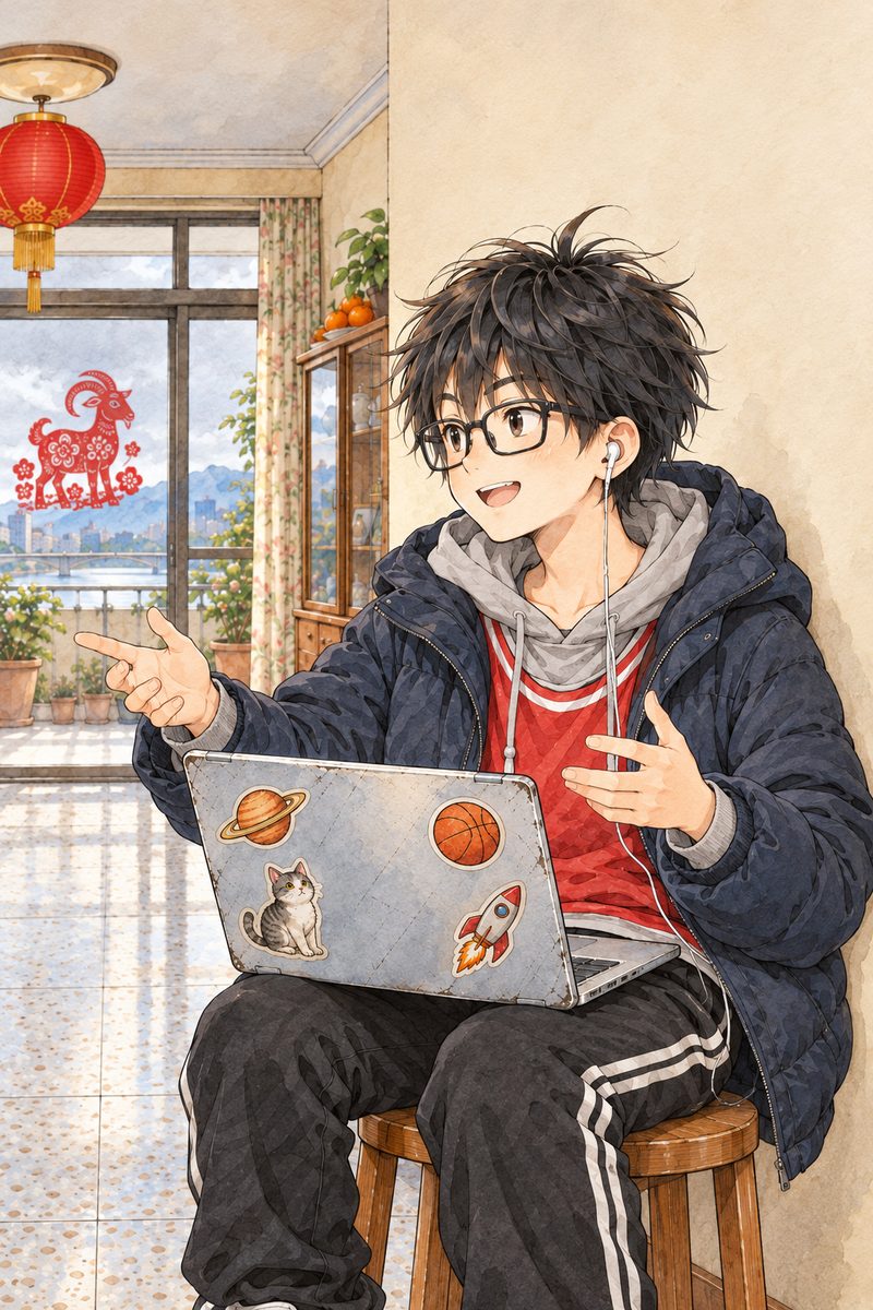 Afternoon, grey daylight. Haoran sits on a stool by the wall, his open laptop on his knees with its screen facing him and its glow on his glasses, his single earbud in his LEFT ear; he looks LEFT at the card table off panel and explains, pleased with himself. Plain wall above.