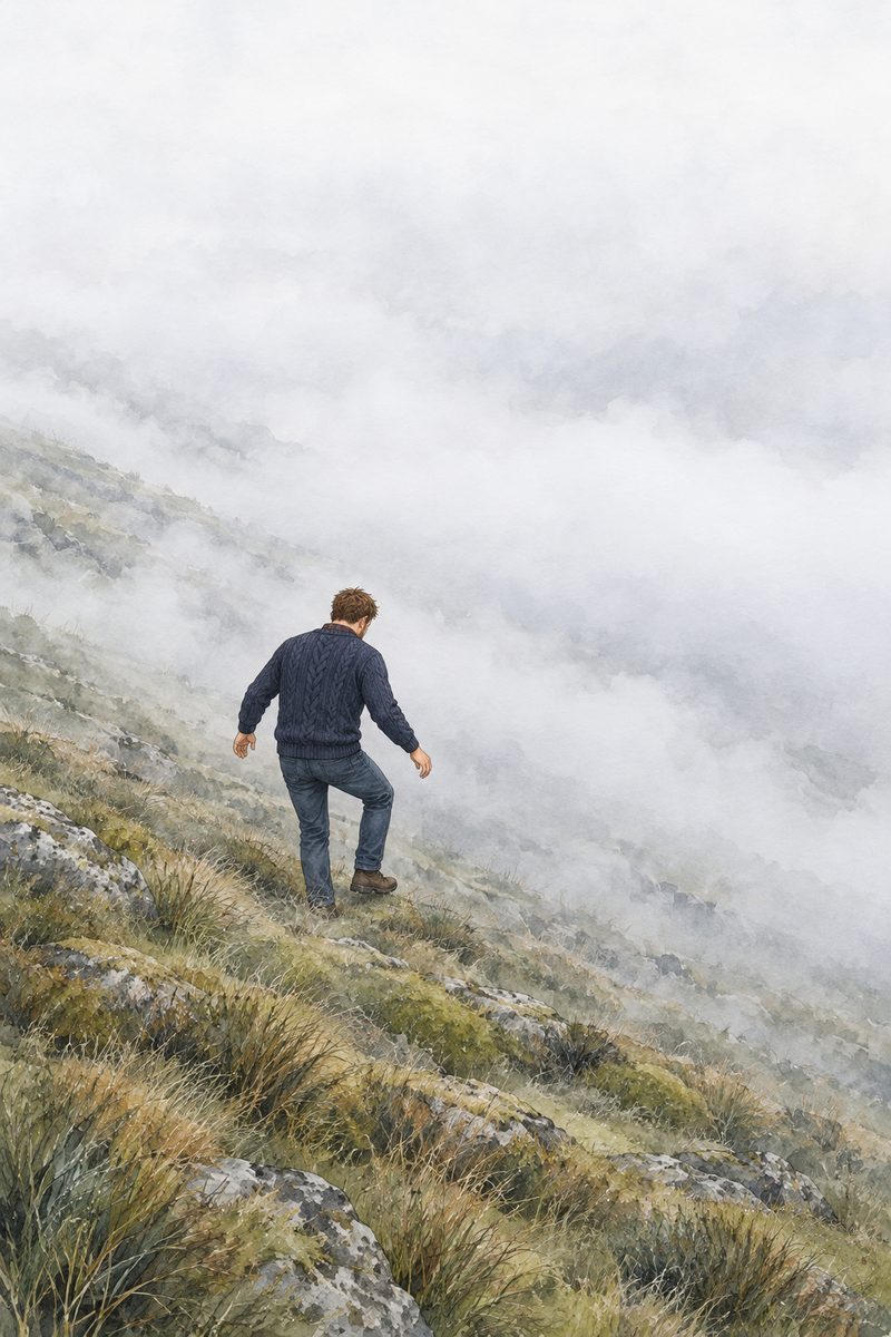 A picture of an idea. Thick white fog on a wide grassy hillside in the early morning; the bottom of the valley is hidden. A small man in a navy jumper (Papa, tiny, from behind) feels the ground with one foot before taking a careful step downhill. Nothing else in sight, only the slope and the fog. The fog above is the quiet area.