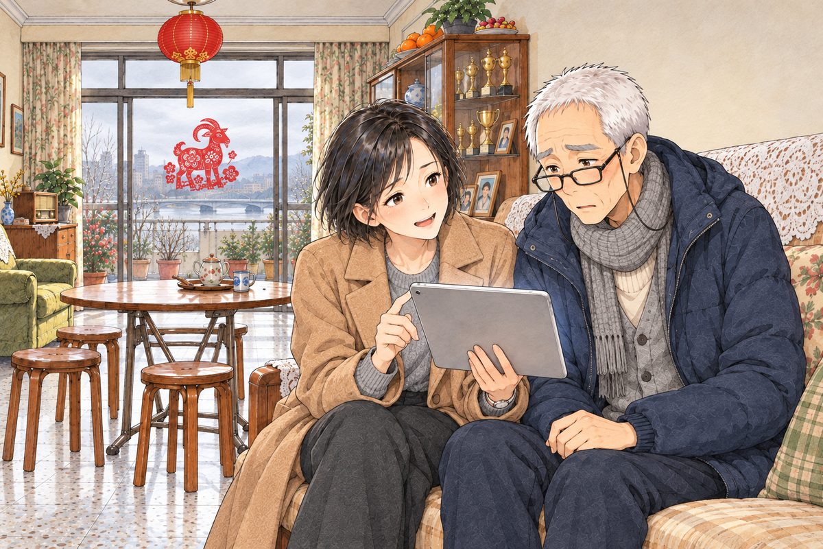 Morning, soft grey daylight from the balcony doors. Mama sits close beside Grandpa on the sofa and holds a slim silver tablet between them, its screen tilted towards HIM, its glow on both faces. Mama is bright and hopeful, selling it; Grandpa peers at the screen with polite suspicion, glasses on his nose. The wall above them is the quiet area. Only these two.