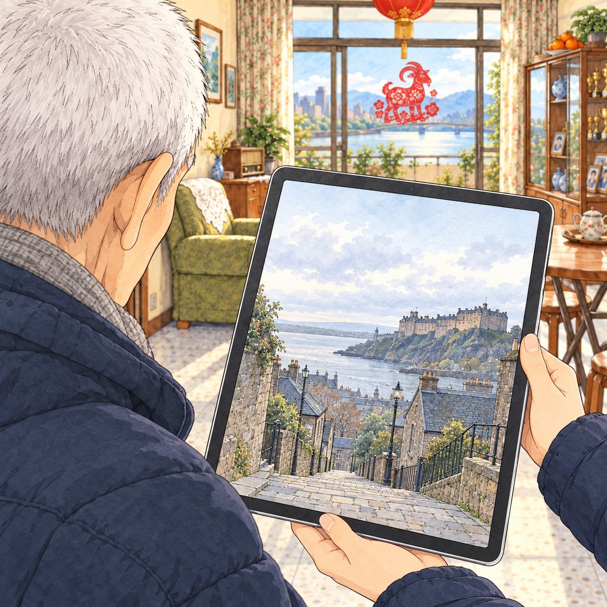 Morning. Over Grandpa's shoulder we see the tablet screen: a gentle manga painting of a steep grey stone street running down to a grey sea, with a castle on a hill behind, NO words or signs. Mama's hand holds the tablet; Grandpa's white crew cut and shoulder fill the left edge. The sky in the picture on screen is the quiet area.