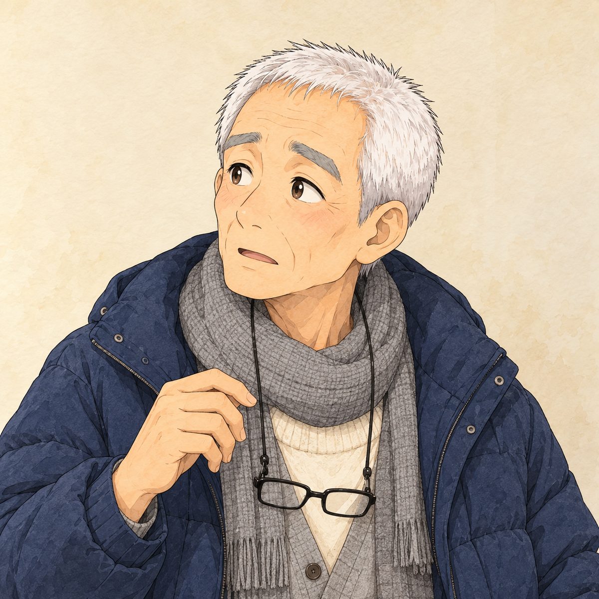 Morning, grey daylight. Grandpa takes off his reading glasses and lets them drop to their cord, and looks LEFT at Mama, puzzled and plain, as if asking the most obvious thing in the world. His face in the middle of the panel, NOT in the top quarter. Plain wall behind.
