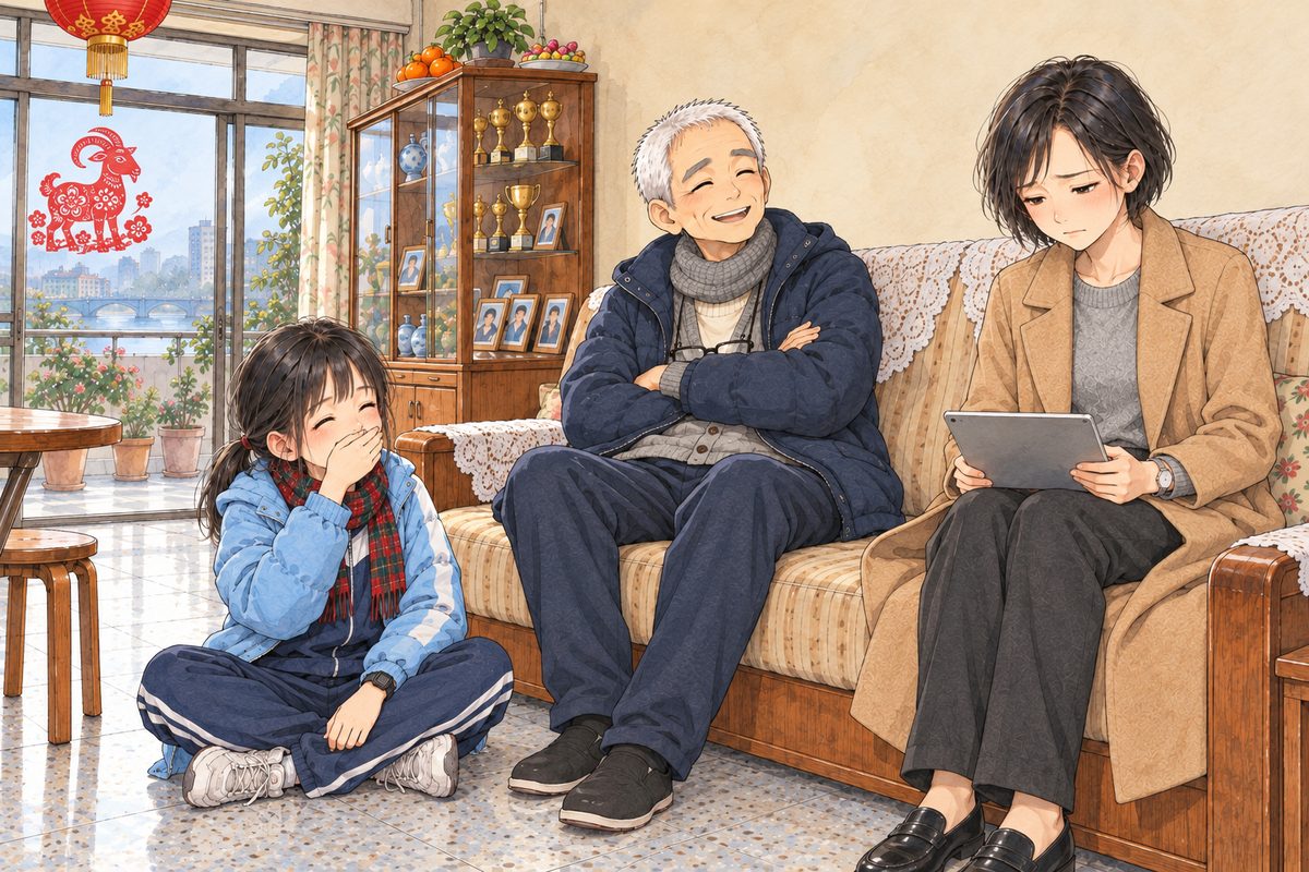 Morning, grey daylight. Grandpa leans back on the sofa with his arms folded and a sly grin, very pleased with his joke. Xiaoyu, sitting cross-legged on the floor at the left, snorts with laughter behind her hand. Mama at the right lowers the tablet into her lap and does NOT laugh: her mouth tight, her eyes down. The wall above is the quiet area.