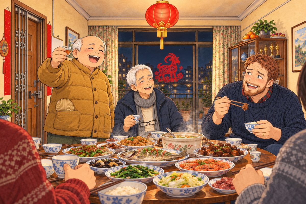 New Year's Eve, night. The round table is crammed with steaming dishes, a whole fish, bowls and chopsticks, under the red lantern's warm light; the balcony doors behind are black with night. Uncle Wu (left) in his mustard padded jacket stands up with a small glass raised, beaming and loud; Grandpa (centre, back) laughs; Papa (right), huge on a small stool, holds his chopsticks wrongly and grins, lost. In the near corners only the backs of shoulders and two hands (Mama's, Haoran's), quiet shapes. The plain wall above them is the quiet area.