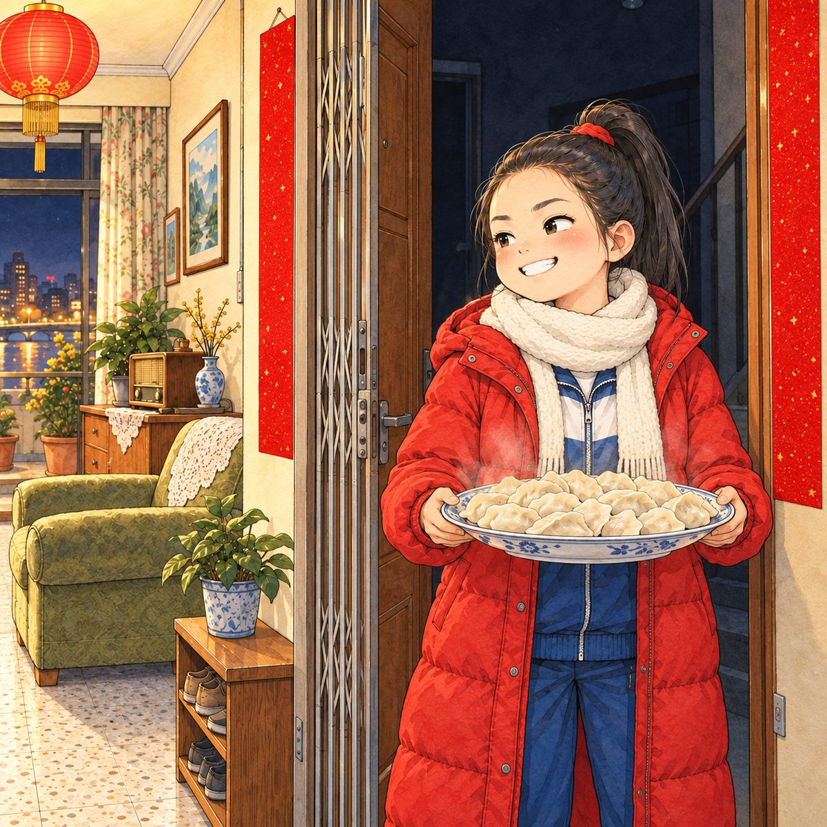 New Year's Eve, night, the warm lantern light inside, the dark landing behind her. Lili in her long red padded coat stands in the open doorway holding a big plate of dumplings in both hands, her cheeks pink with cold, grinning in at the room to the LEFT. The blank red strips either side of the door. The dark landing above is the quiet area.
