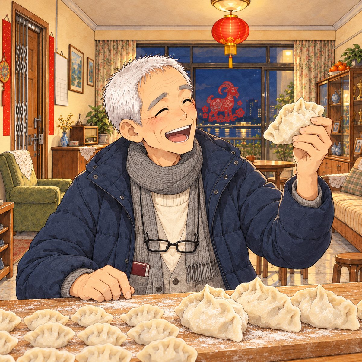 New Year's Eve, night, warm lantern light. On a floured board in front of him, Grandpa's own small neat dumplings stand in rows beside a few huge, lumpy ones with tall pinched ridges like the keels of little boats. Grandpa holds up one of the big lumpy ones and roars with laughter, delighted, looking RIGHT. Plain wall above.