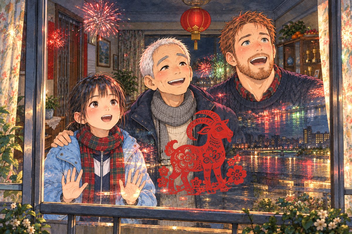 Midnight on New Year's Eve. Fireworks burst over the dark river outside, and their coloured light, red, gold and green, flashes on three faces pressed close to the balcony glass from inside: Xiaoyu (left) wide-eyed, Grandpa (centre) smiling like a boy, Papa (right) open-mouthed, his hand on Xiaoyu's shoulder. The red paper goat on the glass. The dark sky above the bursts is the quiet area.