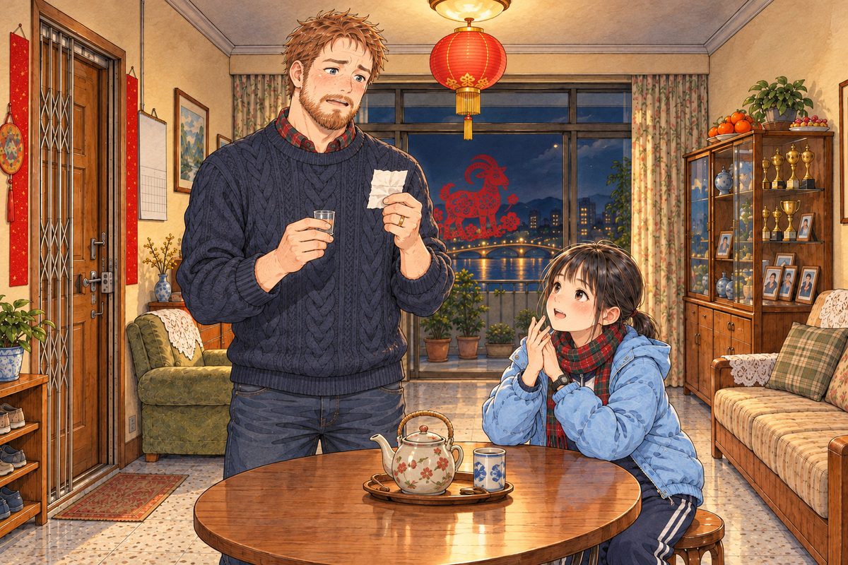 New Year's Eve, after midnight, warm lantern light. Papa stands up at the table with a small glass in one hand and a crumpled scrap of plain paper in the other, its writing side toward him (we see its blank back), clearing his throat, nervous and brave. Xiaoyu beside him, still seated, whispers up at him, mouthing the words. The plain wall above is the quiet area.
