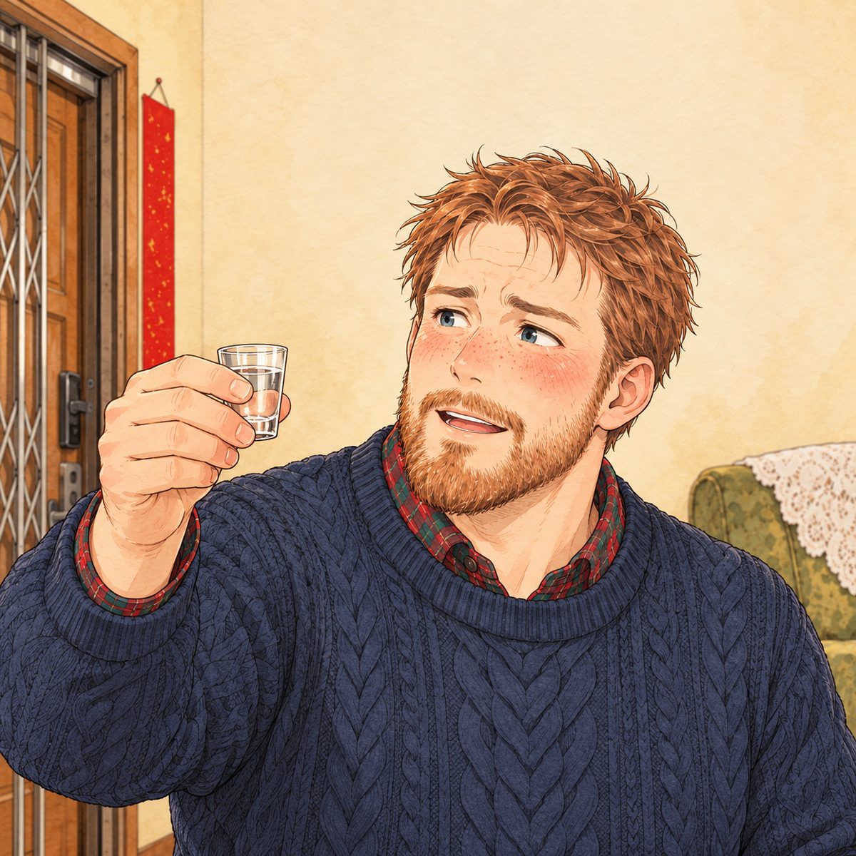 After midnight, warm lantern light. Papa raises his little glass towards Grandpa off panel to the LEFT and speaks slowly and carefully, every syllable an effort, his face red and earnest. His face in the middle of the panel, NOT in the top quarter. Plain wall behind.