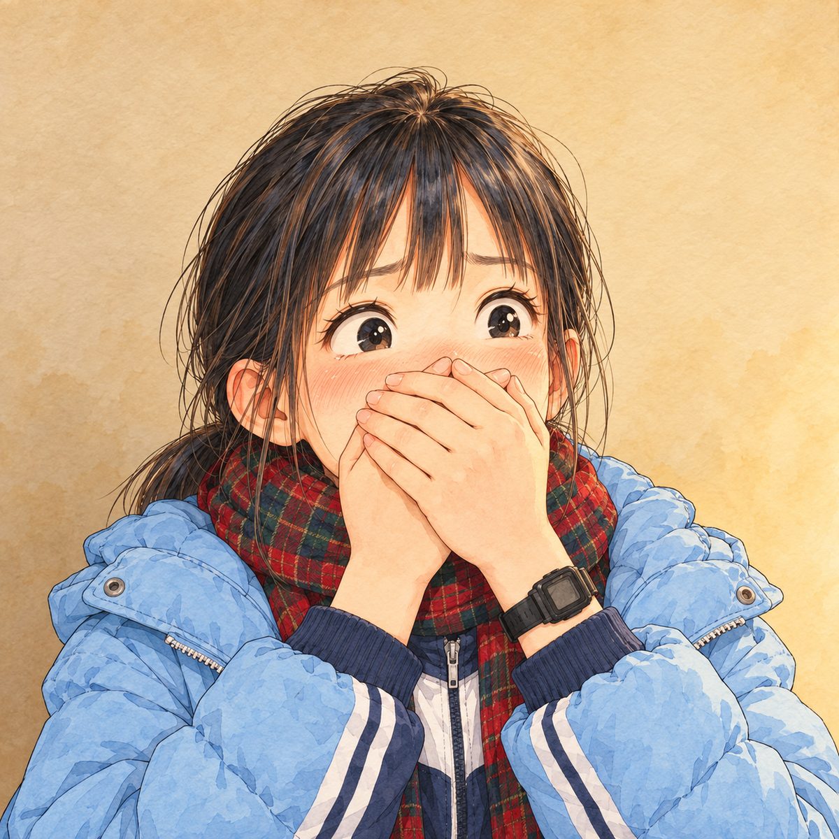 After midnight, warm lantern light. Xiaoyu claps both hands over her mouth, eyes huge, horrified and trying not to laugh; her black watch on her LEFT wrist. Plain wall behind her is the quiet area.