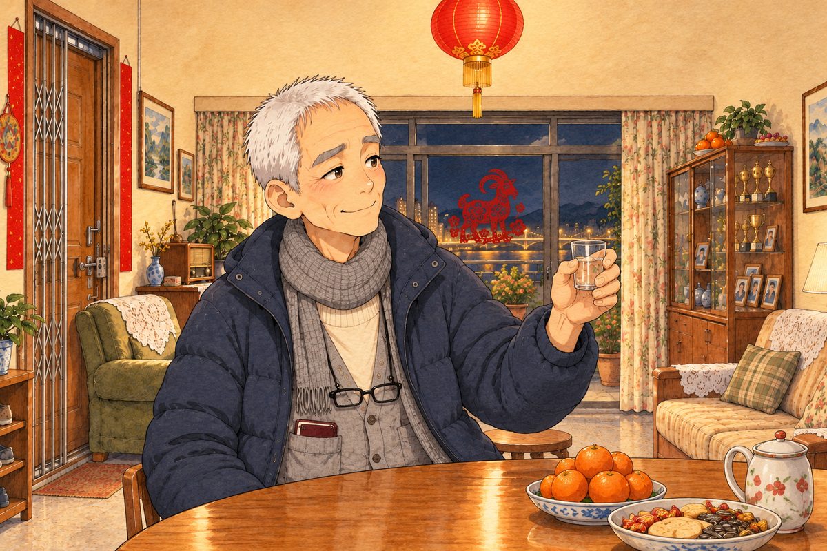After midnight, warm lantern light. Grandpa, seated, raises his own small glass towards Papa off panel to the RIGHT, perfectly deadpan, one eyebrow up, only the corner of his mouth giving him away. Glasses on the cord at his chest. The plain wall above is the quiet area.