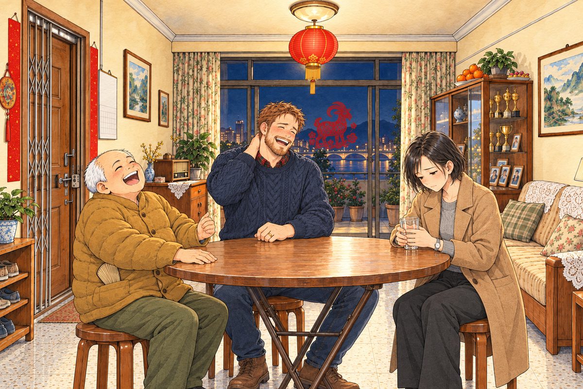 After midnight, warm lantern light. Uncle Wu (left) throws his head back and roars, slapping the table; Papa (centre) laughs at himself, rubbing the back of his neck, red to the ears. Mama (right) is the one still face: she looks down into her glass, unsmiling, alone in the noise. The plain wall above is the quiet area.