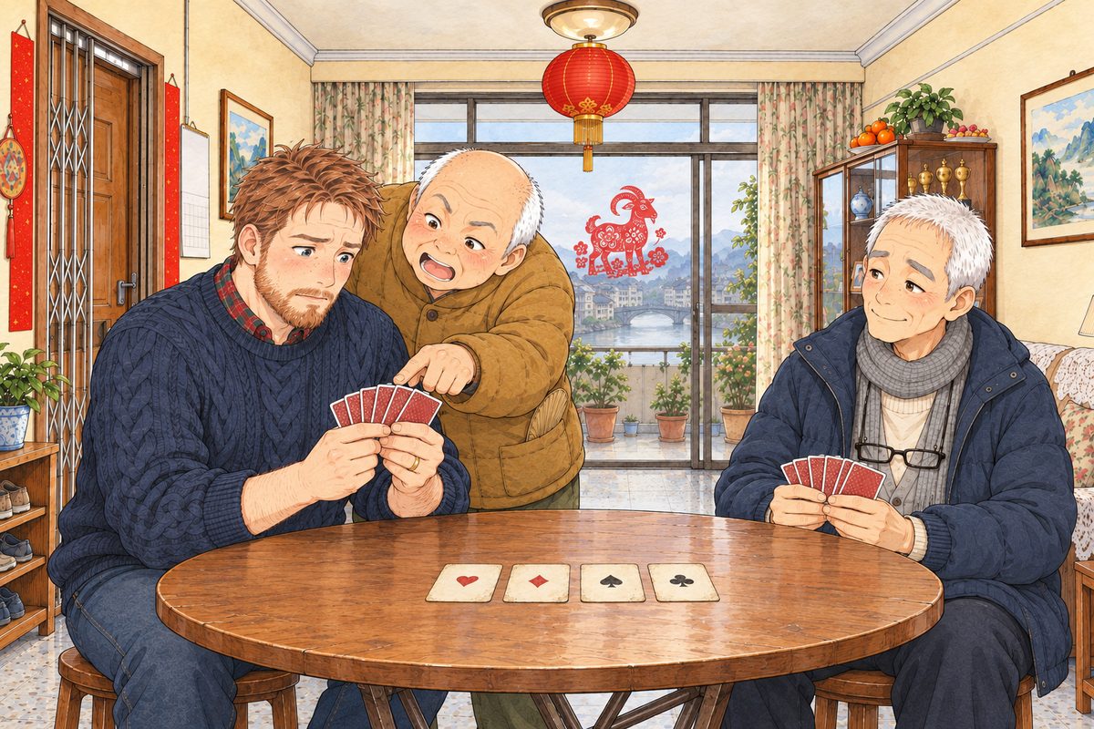 New Year's Day, afternoon, grey daylight and the red lantern. Papa holds his five-card fan; Uncle Wu leans right over his shoulder, jabbing a fat finger at his cards, shouting advice. Grandpa (right) waits with his own fan, amused and patient. The plain wall above is the quiet area.