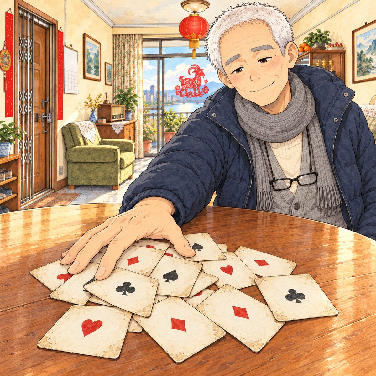 New Year's Day, afternoon. On the table lie all of Papa's big cards, thrown down at once, face up; Grandpa's big hand sweeps the whole lot towards himself. Grandpa's face at the top right, calm, a tiny smile. The cards are the clearest thing.