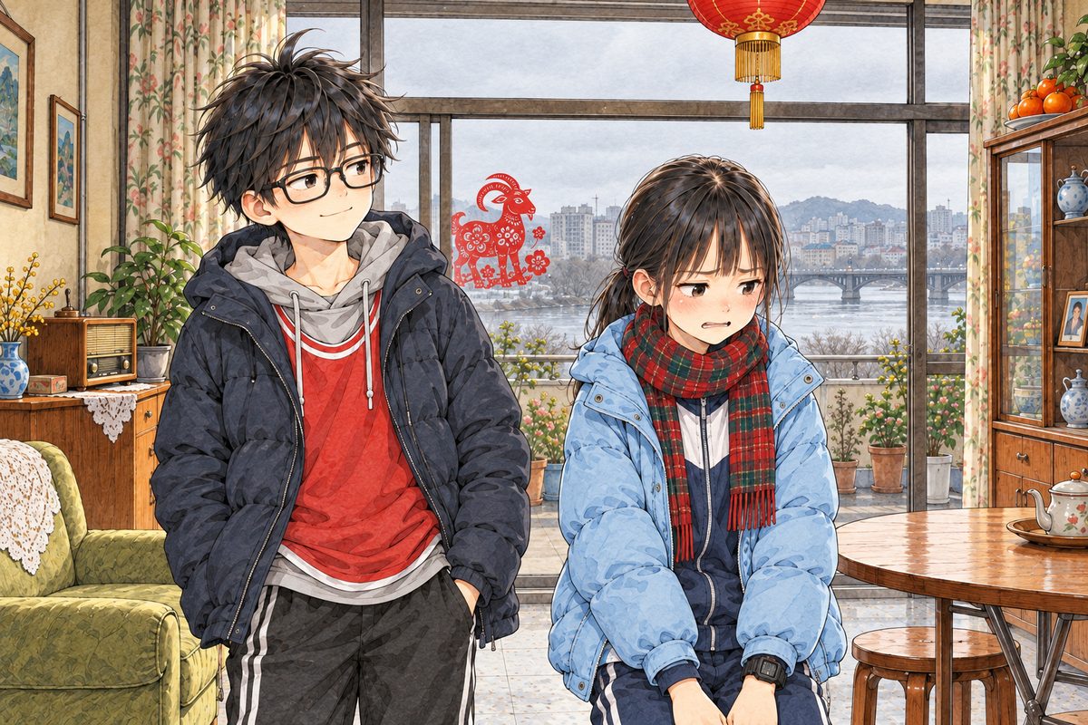 New Year's Day, afternoon, grey light through the balcony glass. Haoran (left) leans on the glass with his hands in his pockets, the earbud in his LEFT ear hidden as he faces right; he looks RIGHT at Xiaoyu, wise and smug. Xiaoyu (right) winces towards the card table. The pale sky behind the glass is the quiet area.