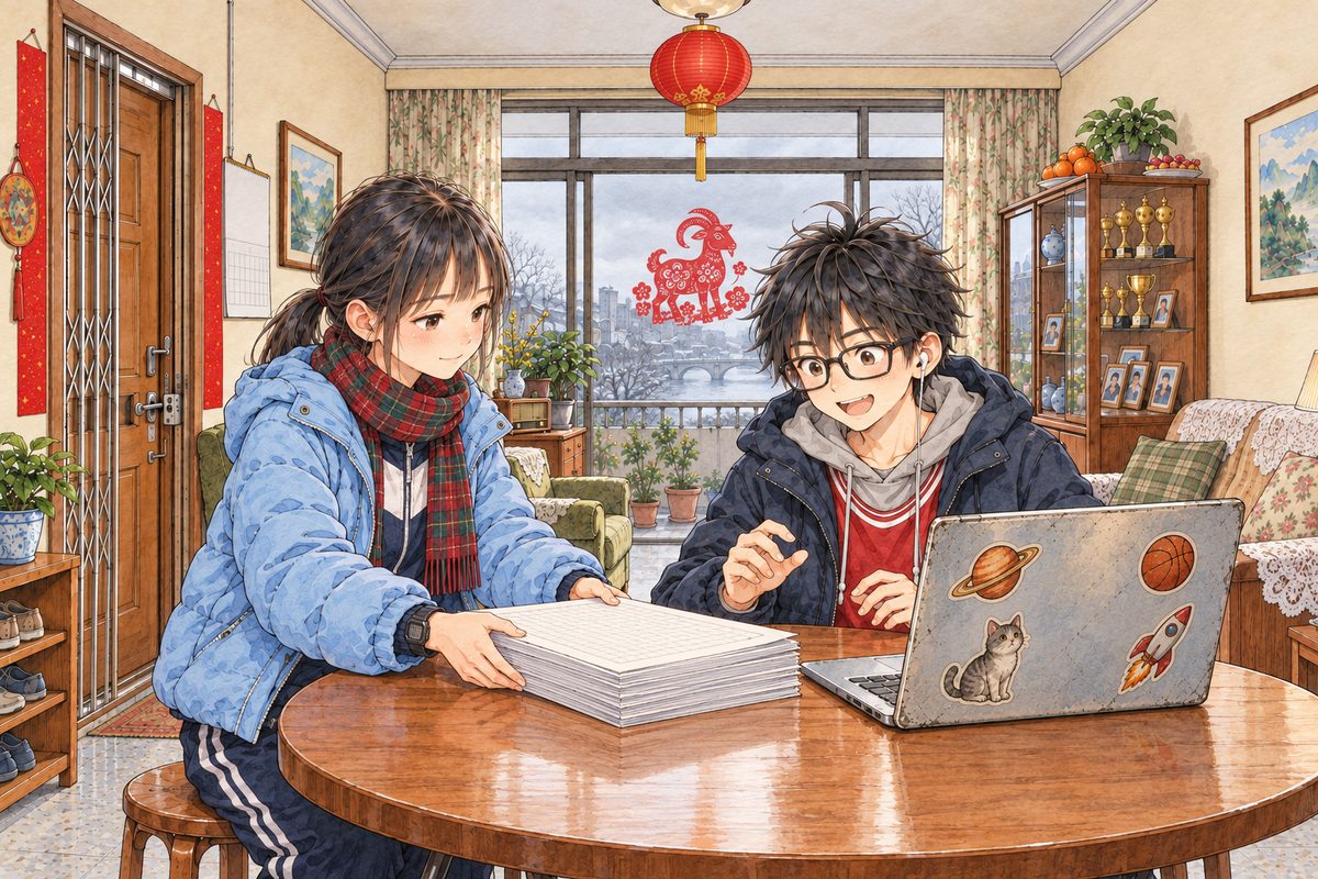 The second day of the new year, morning, grey daylight. Haoran sits at the round table with his open laptop, screen facing him; Xiaoyu (left) puts down in front of him a thick stack of her old practice sheets, squared paper with BLANK squares, nothing written (the real characters are lettered in afterwards). Haoran looks at the stack like treasure. The plain wall above them is the quiet area.