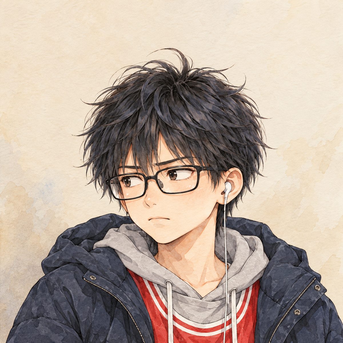 Morning, grey daylight. Haoran looks LEFT at Xiaoyu over his square glasses, his know-it-all grin gone, his jaw set and his eyes hard and hurt. His single wired earbud in his LEFT ear. His face in the middle of the panel, NOT in the top quarter. Plain wall behind.
