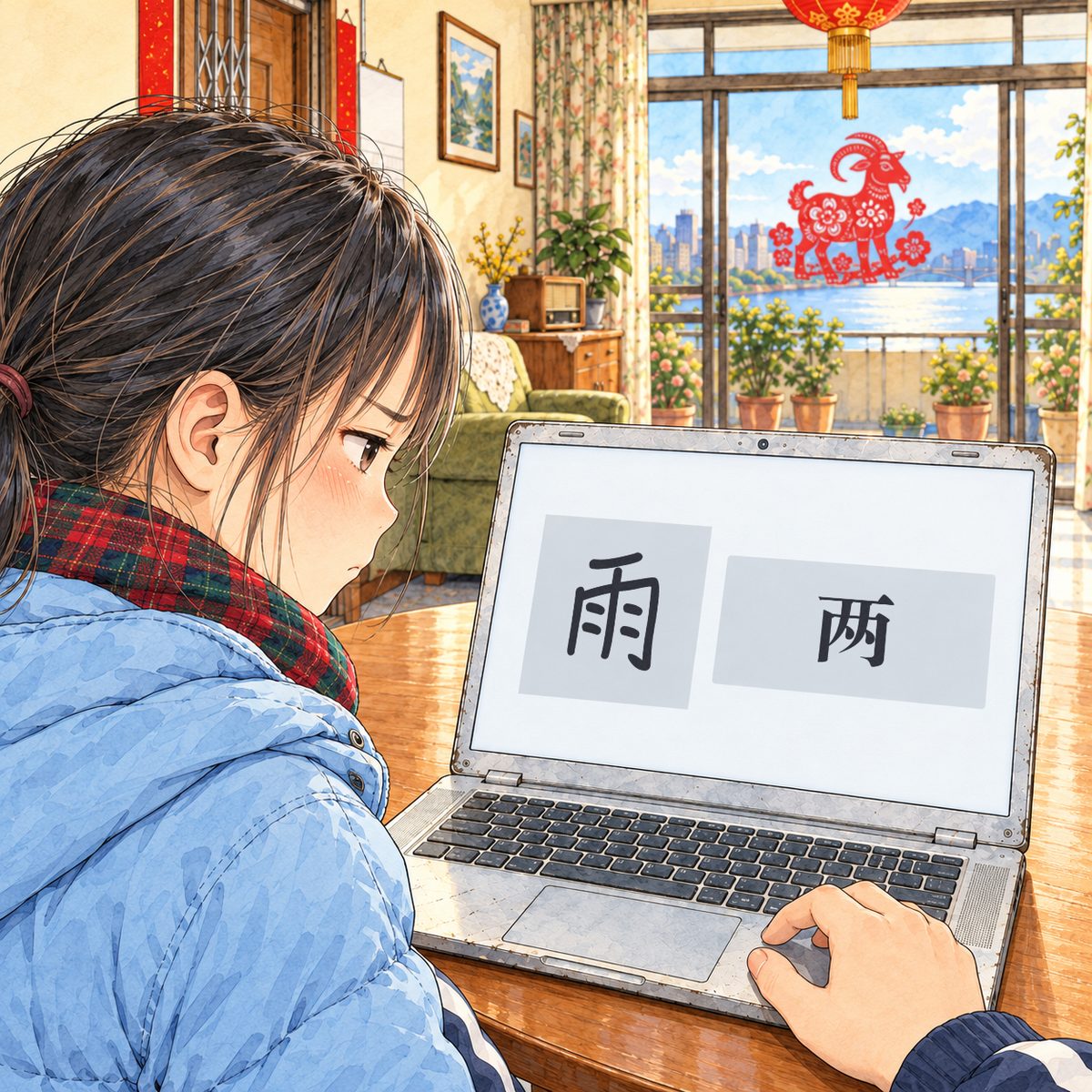 Morning. Over Xiaoyu's shoulder we see the laptop screen, facing her: on the left a soft grey square, on the right a soft grey answer box, both EMPTY, no marks at all (the real characters are lettered in afterwards). Haoran's hand on the trackpad at the right edge. Xiaoyu's cheek and ponytail at the left edge, her head tilted, half offended. The plain wall above the screen is the quiet area.