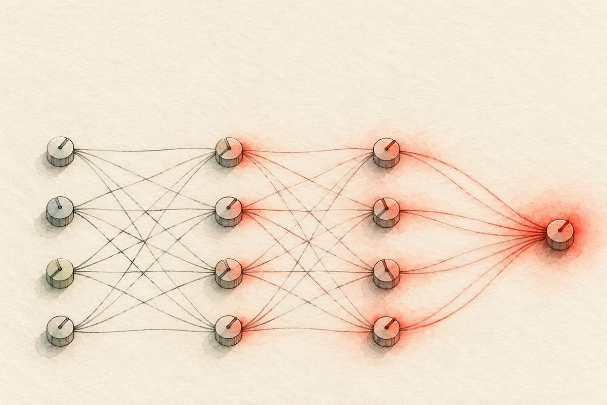 A picture of an idea, in the same fine pen and watercolour. Across a pale cream ground, four loose rows of small round knobs, like the knobs on Haoran's old neuron board, are joined by fine threads from left to right, one layer to the next, ending in one knob on the far right. A soft red glow starts at that last knob and flows BACKWARDS along the threads, right to left, and each knob it reaches turns a tiny way, some left, some right. Nothing else, NO words, NO numbers, NO arrows with labels. The pale space above is the quiet area.