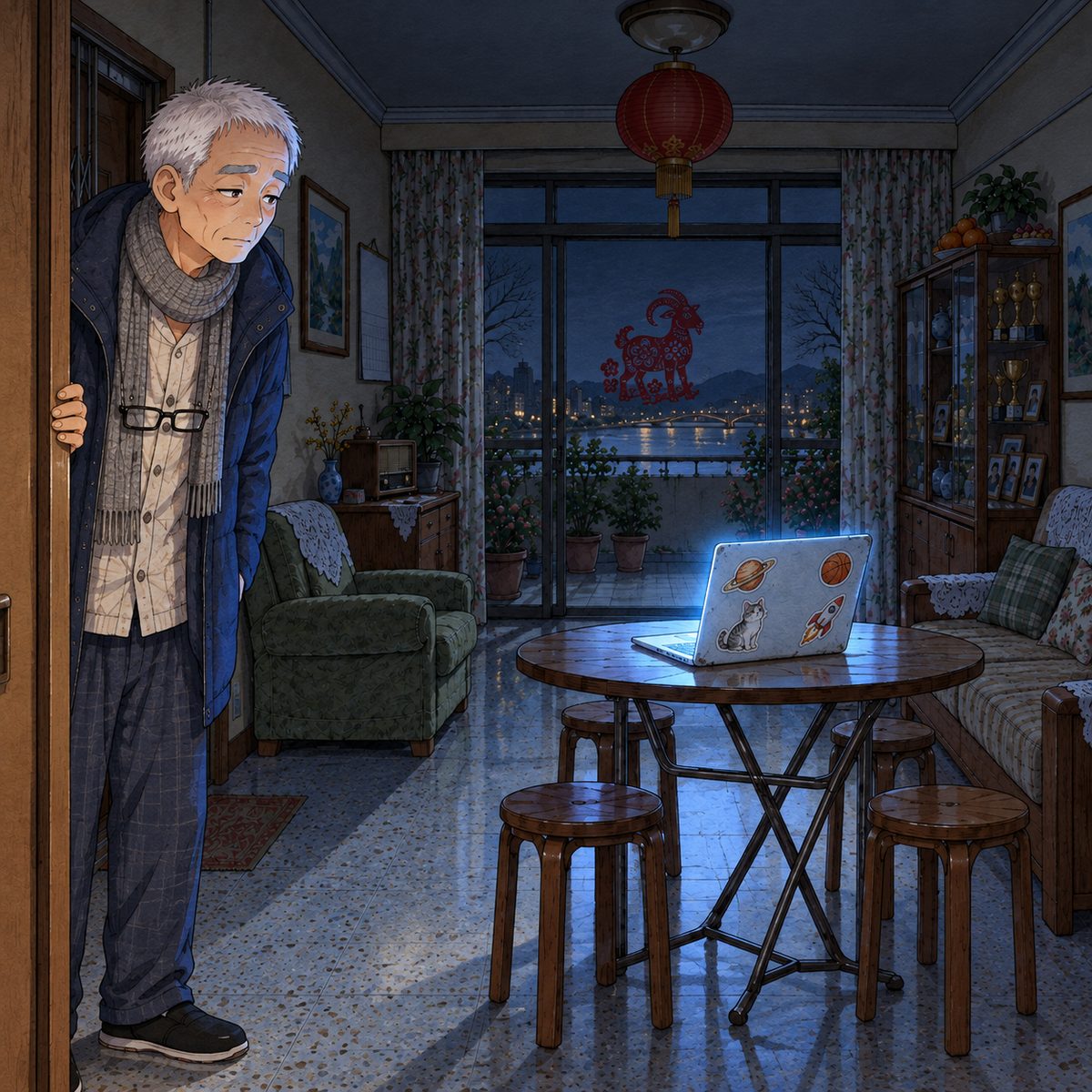 Night, the lights off. The living room is dark except for the soft blue glow of Haoran's open laptop left on the round table, its screen facing away from us towards the empty chair; its glow reaches Grandpa, who stands at his bedroom doorway in his padded coat over pyjamas, peering at it with sleepy suspicion. The dark lantern hangs above. The dark ceiling is the quiet area.