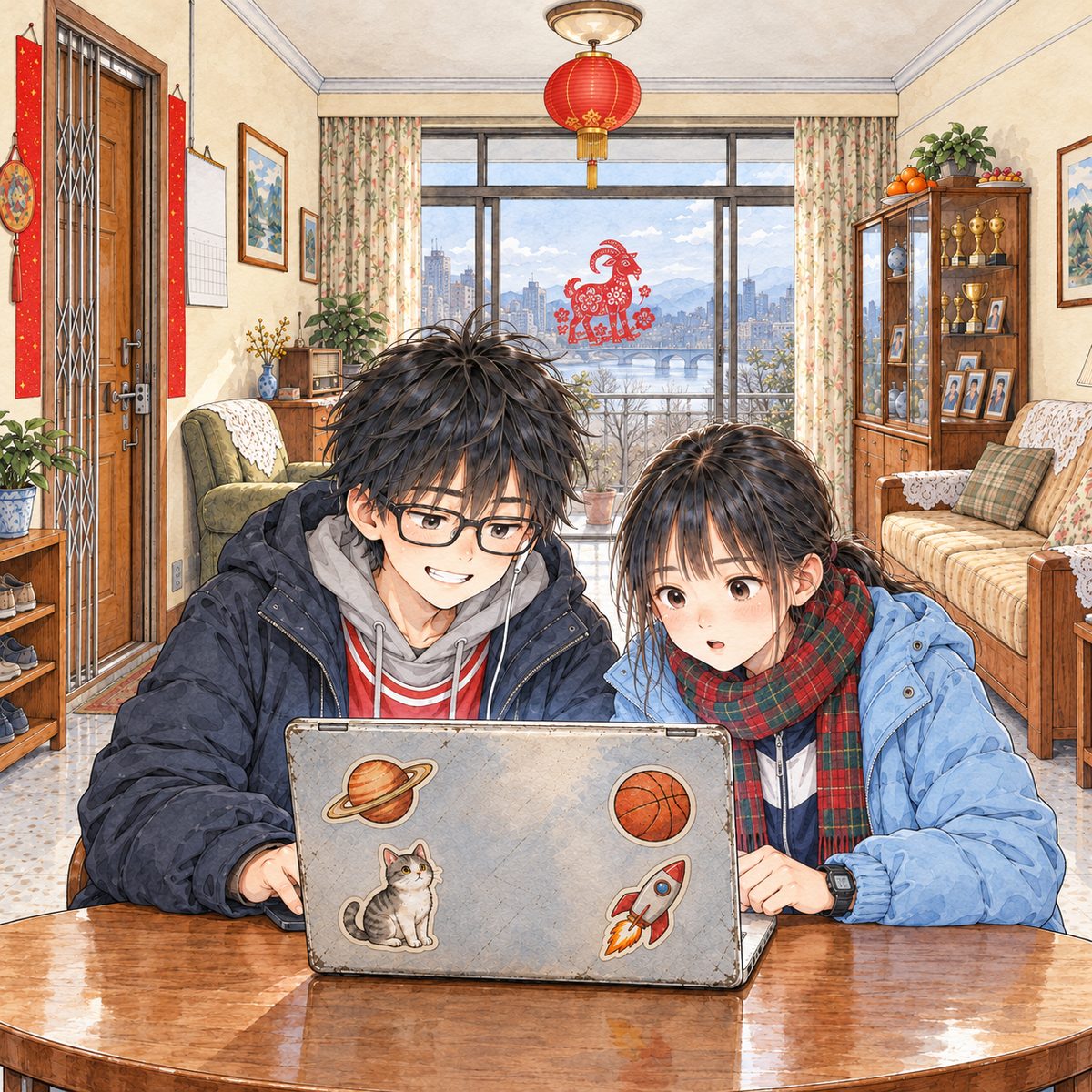 Early morning, pale grey daylight. Haoran (left) and Xiaoyu (right) lean in over the laptop together, the screen facing them, its glow on their faces; Haoran grins, tired and proud, his hair sticking up; Xiaoyu stares, amazed. The pale wall above is the quiet area.
