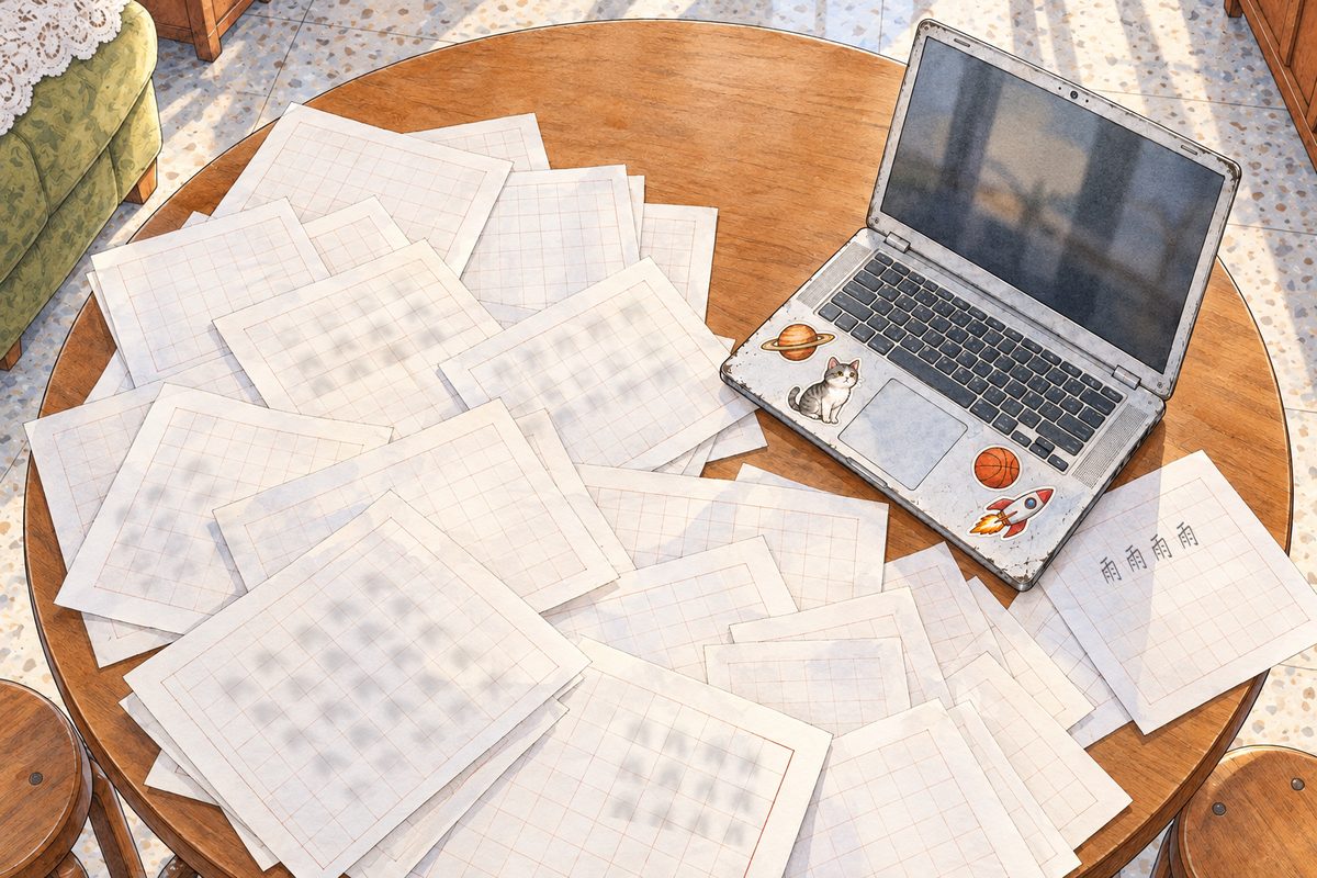 Morning, pale grey daylight. From above: the round table covered in Xiaoyu's practice sheets, squared paper fanned out in overlapping drifts, hundreds of them, their squares BLANK, nothing written (the real characters are lettered in afterwards); the open laptop at one side, screen facing its empty chair. Only one small corner of one sheet is crisp, one empty square where a character will be lettered in; everything else soft. The plain table edge at the top is the quiet area.