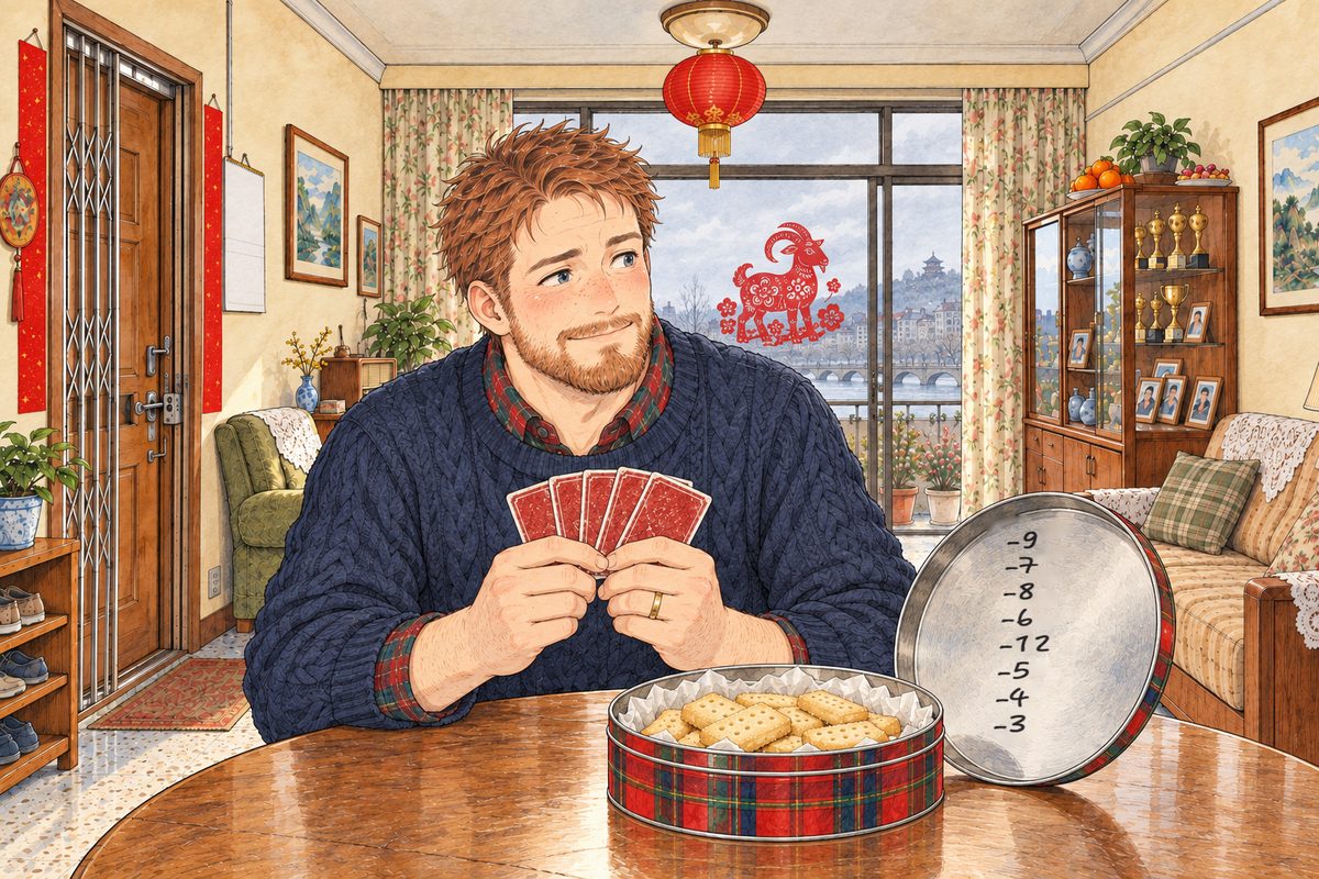Afternoon, grey daylight and the red lantern. Papa sits at the round table with his five-card fan held close, his eyes NOT on his cards but on Grandpa's face off panel to the RIGHT, reading it; a small knowing smile. Beside his elbow the upturned lid, its column of marker marks now longer. The plain wall above is the quiet area.