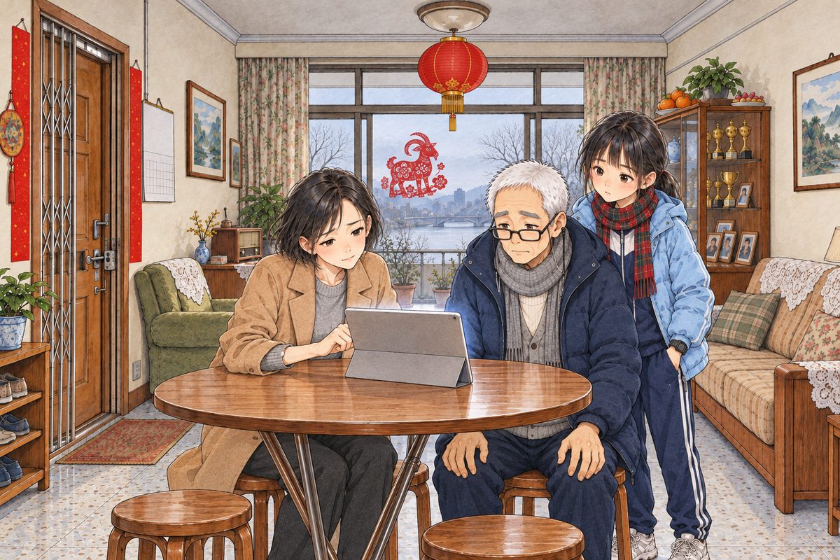 Afternoon, flat grey daylight, the lantern unlit. Mama props her silver tablet on the round table facing Grandpa, its glow on his face; Grandpa sits stiffly in his padded coat, hands on his knees, glasses on his nose. Xiaoyu stands behind his shoulder at the right, watching the screen with him. The plain wall above is the quiet area.